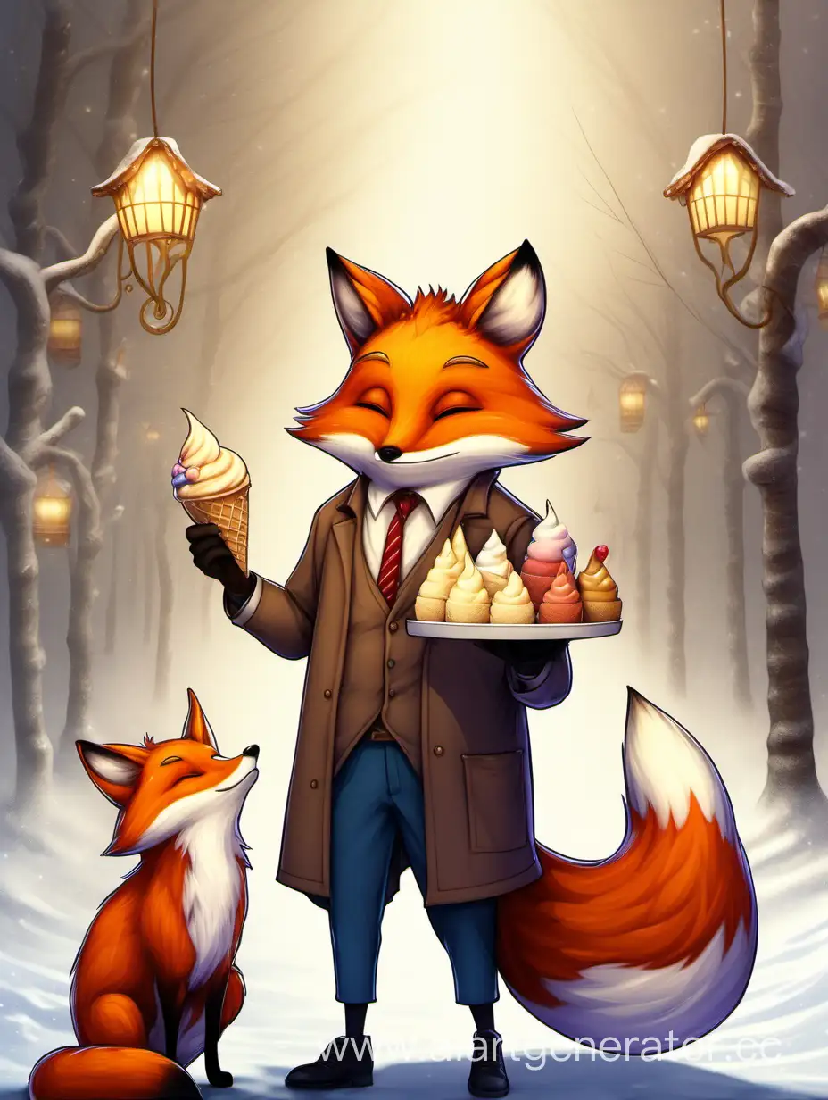 The seller gives the fox ice cream