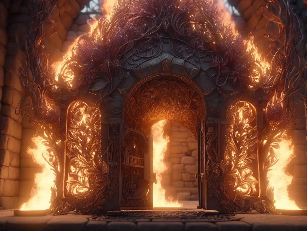 Kolobok . , Coming out of a flame in a furnace , heavy metal style fary tale Ciematic lighting, 16k, high detail —v 5.2 and vines are shaped filled with intricate details. —stylize 750 —v 5.1 A render,