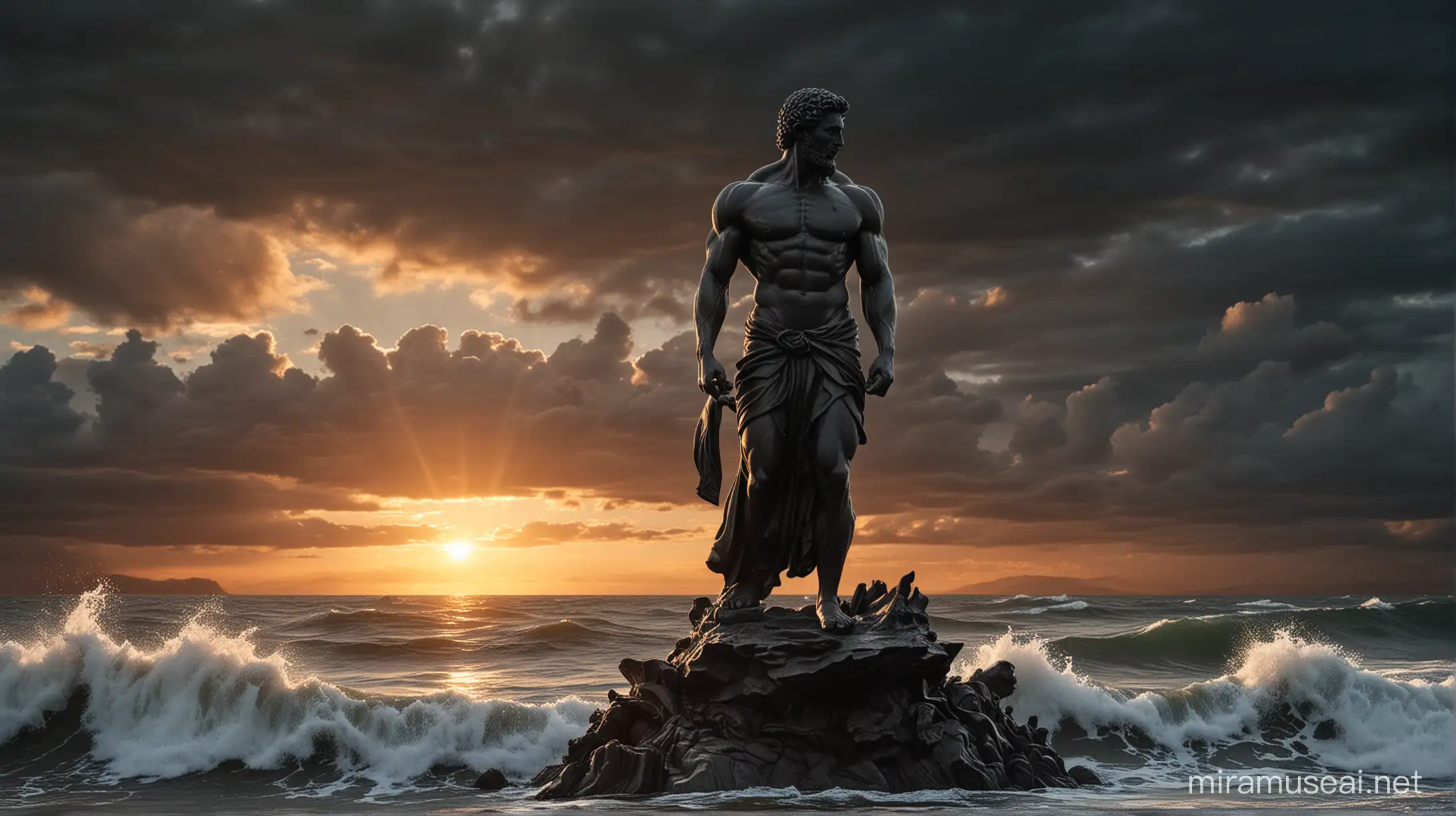 Stoicism, Motivation, stoic muscular statues outside , dark sunset, 
behind him is a tsunami

