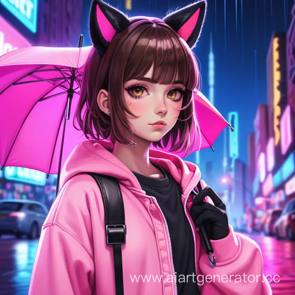 girl with black cat ears, short brown hair with pink streaks, dressed in a pink sweatshirt, standing with an umbrella, against a background of a neon night city