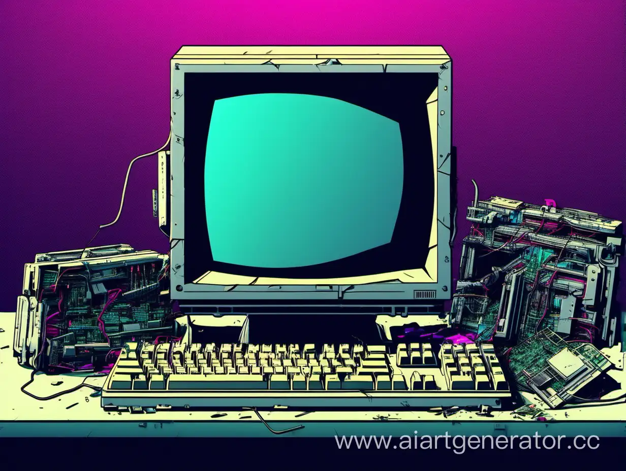 разбитый компьютер из 90-х, киберпанк