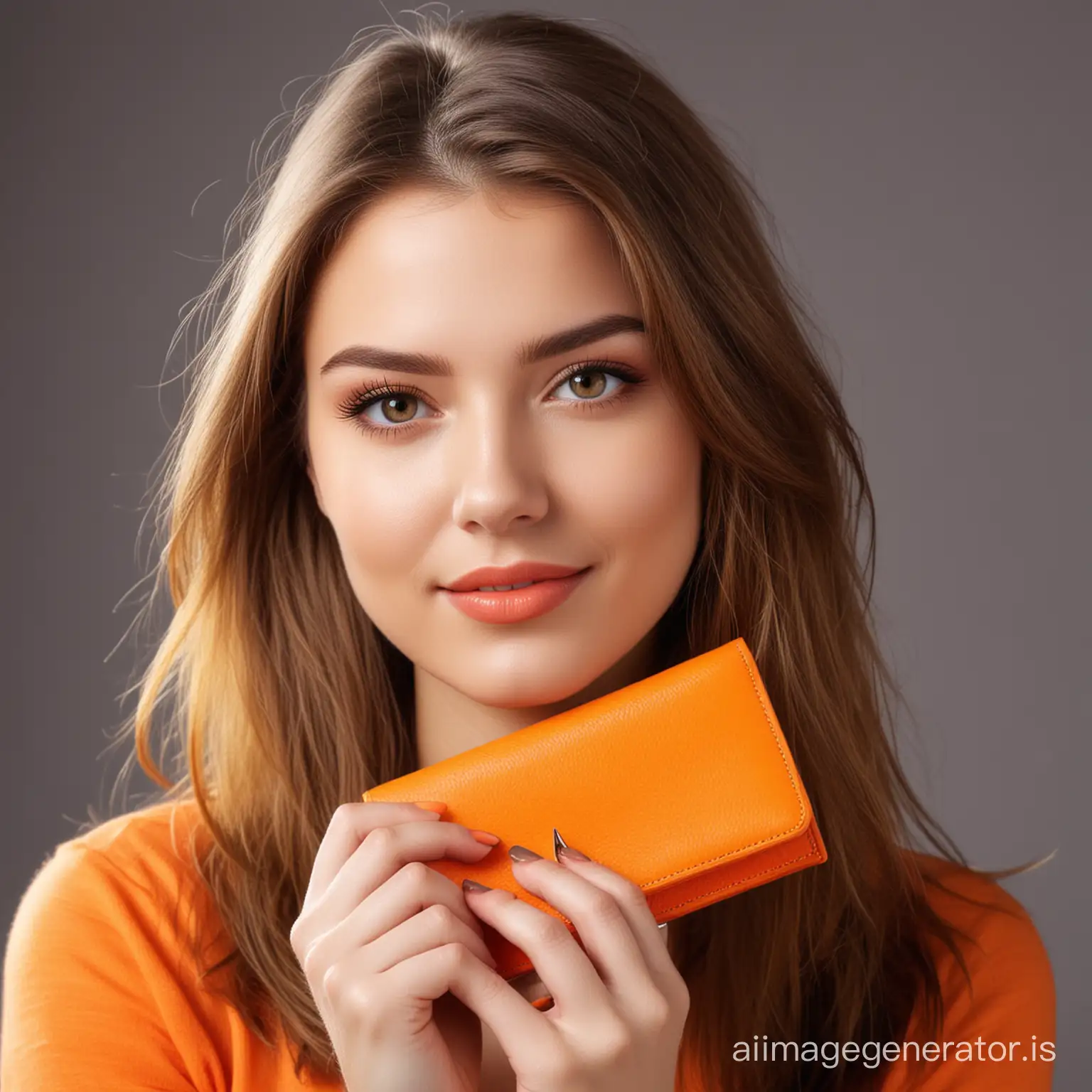 Wallet with bright orange, beautiful European Girl