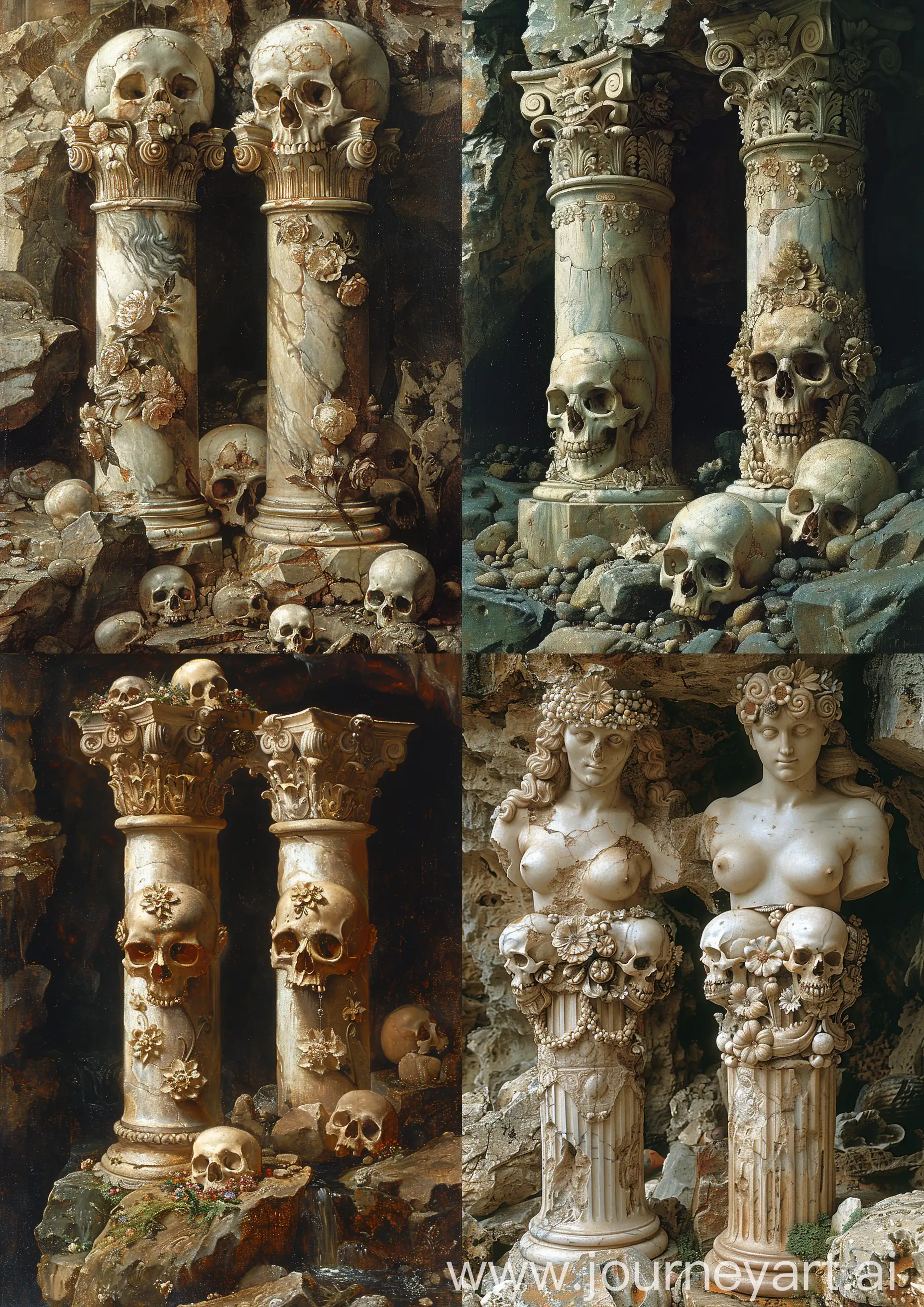 Edward Burne-Jones painting of  2 marbles columns ornate with skulls and flowers, standing on rocks, earth tones, detailed, close image, --c 22 --s 750 --v 6.0 --ar 5:7