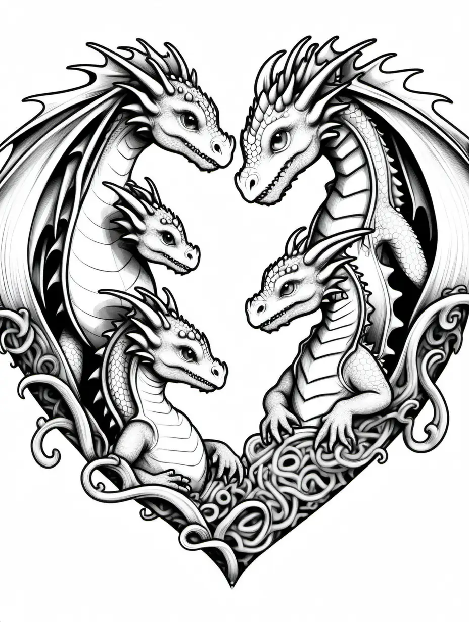 different little dragons inside of a heart, Coloring Page, black and white, line art, white background, Simplicity, Ample White Space. The background of the coloring page is plain white to make it easy for young children to color within the lines. The outlines of all the subjects are easy to distinguish, making it simple for kids to color without too much difficulty
