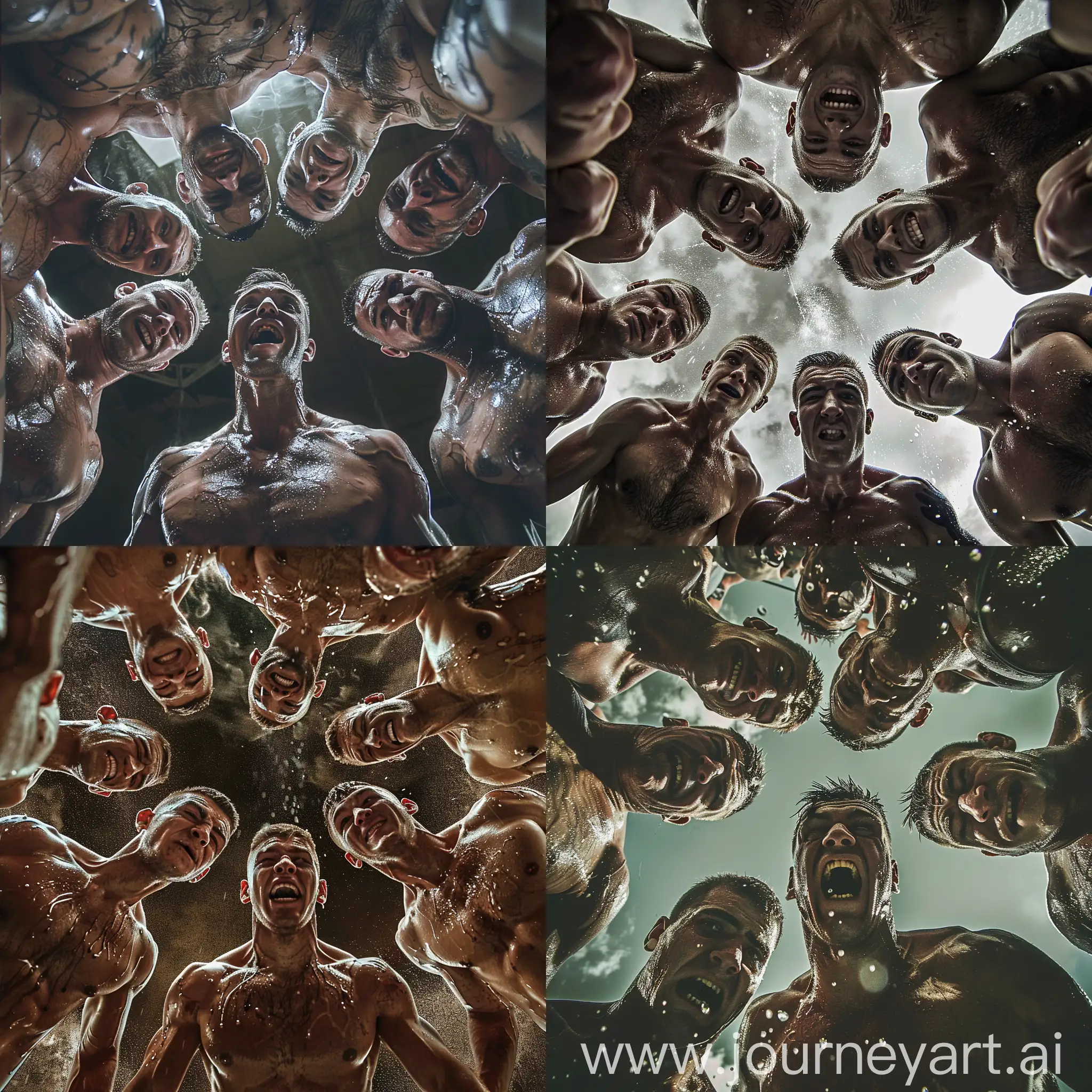 group of muscular college wrestlers standing in circle above the camera looking down at the camera and grinning almost sneering. They are all very sweaty. They picture is in color.