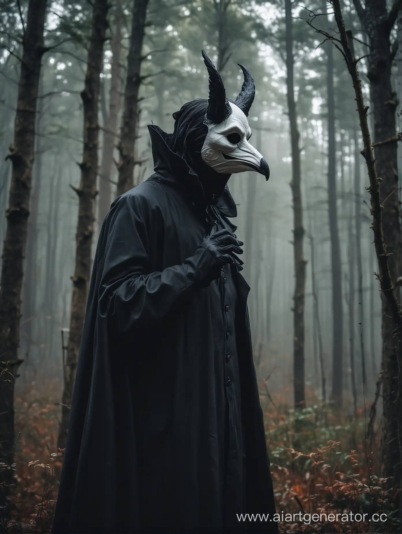 Omnipotent-Figure-in-Dark-Coat-and-Mask-Stands-Majestically-in-Forest