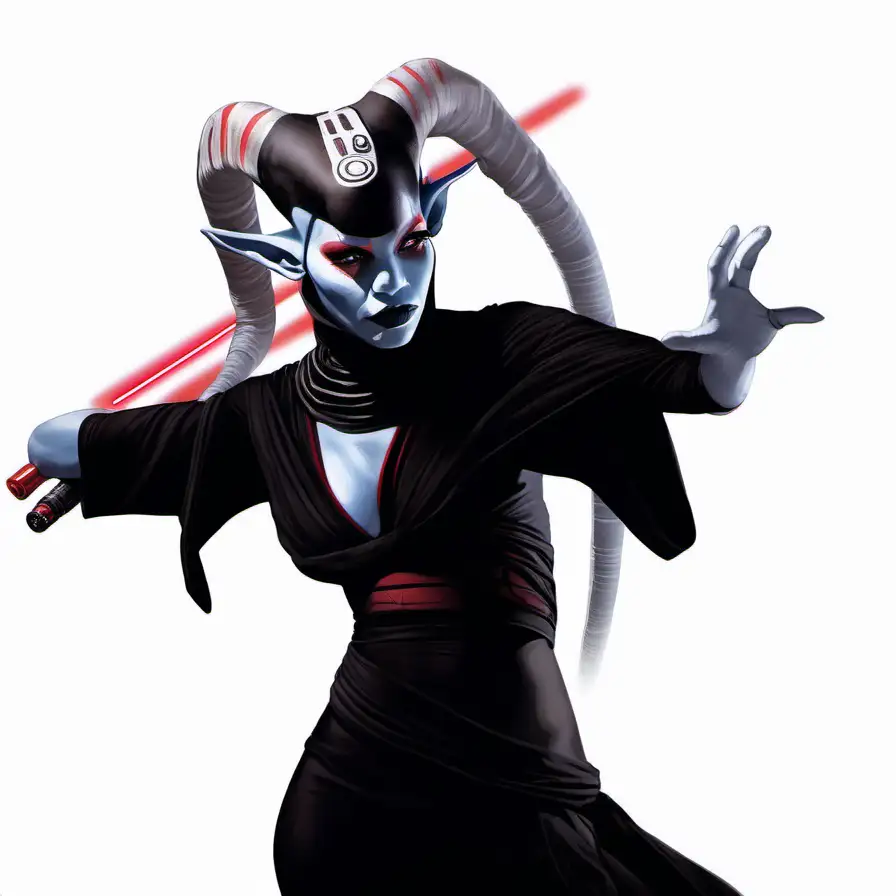 beautiful Twi'lek woman, chalk white skin, black robe, red lightsaber, Sith, white background, Star Wars art