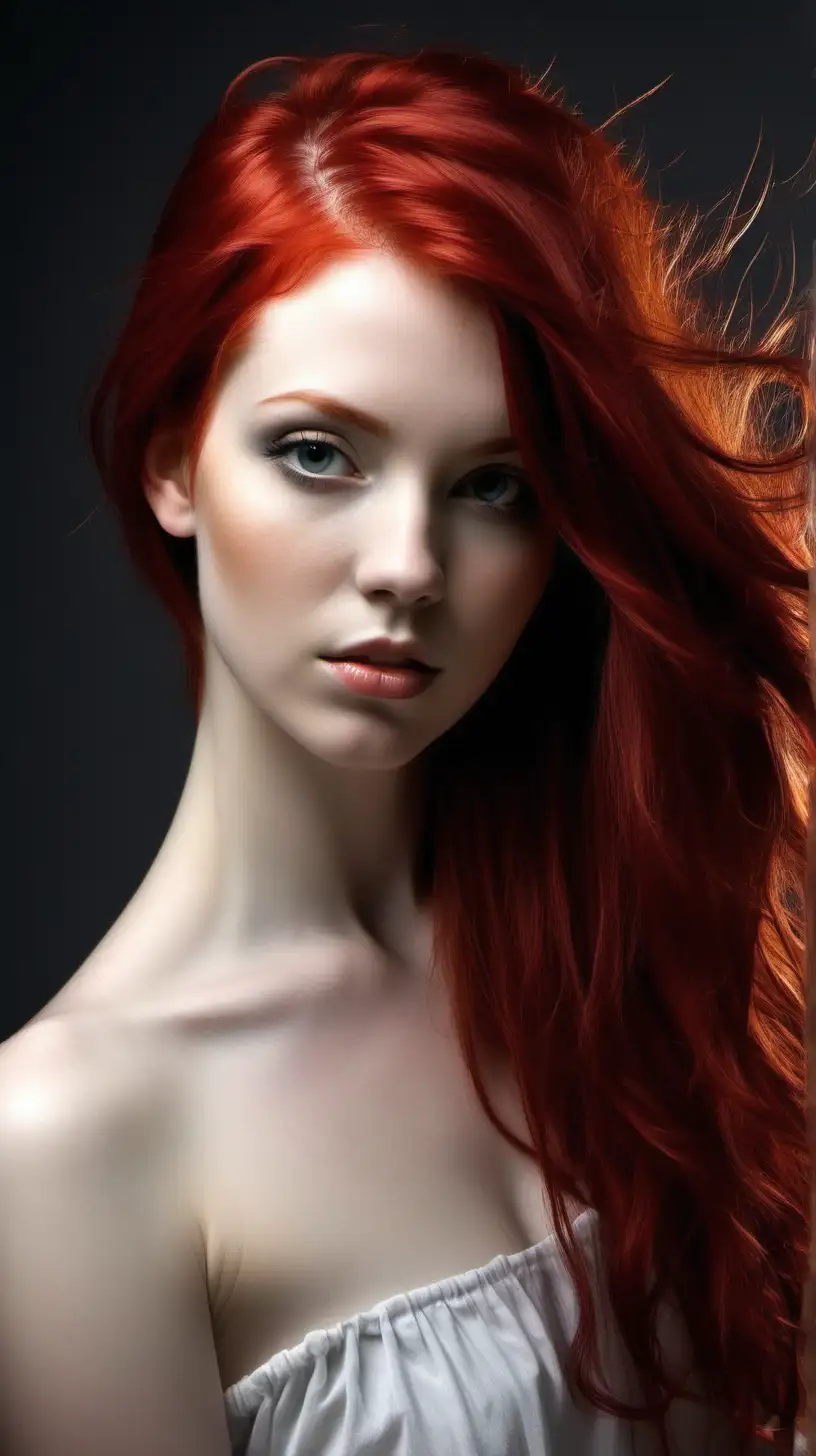 create an artistic act of the same beautiful young woman with her red hair loose
