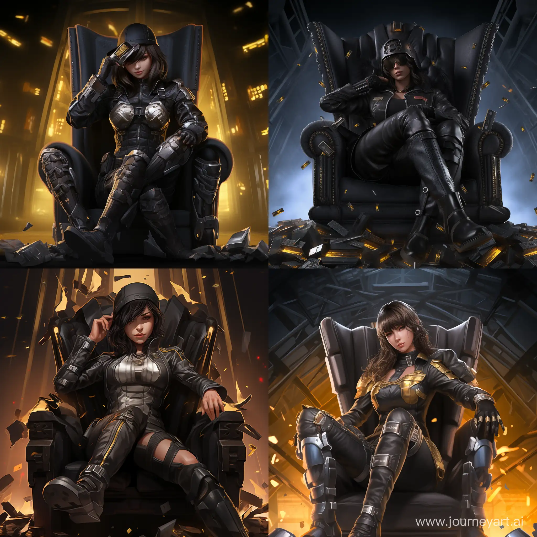 Create image  in which girl character from the game pubg mobile, with 3 level body armor and with an armored helmet covering her face, she sits on a chair in a royal pose with her left leg crossed over her right on the chair of the throne and falling from sky miilions the game currency unknown cash is falling behind her.