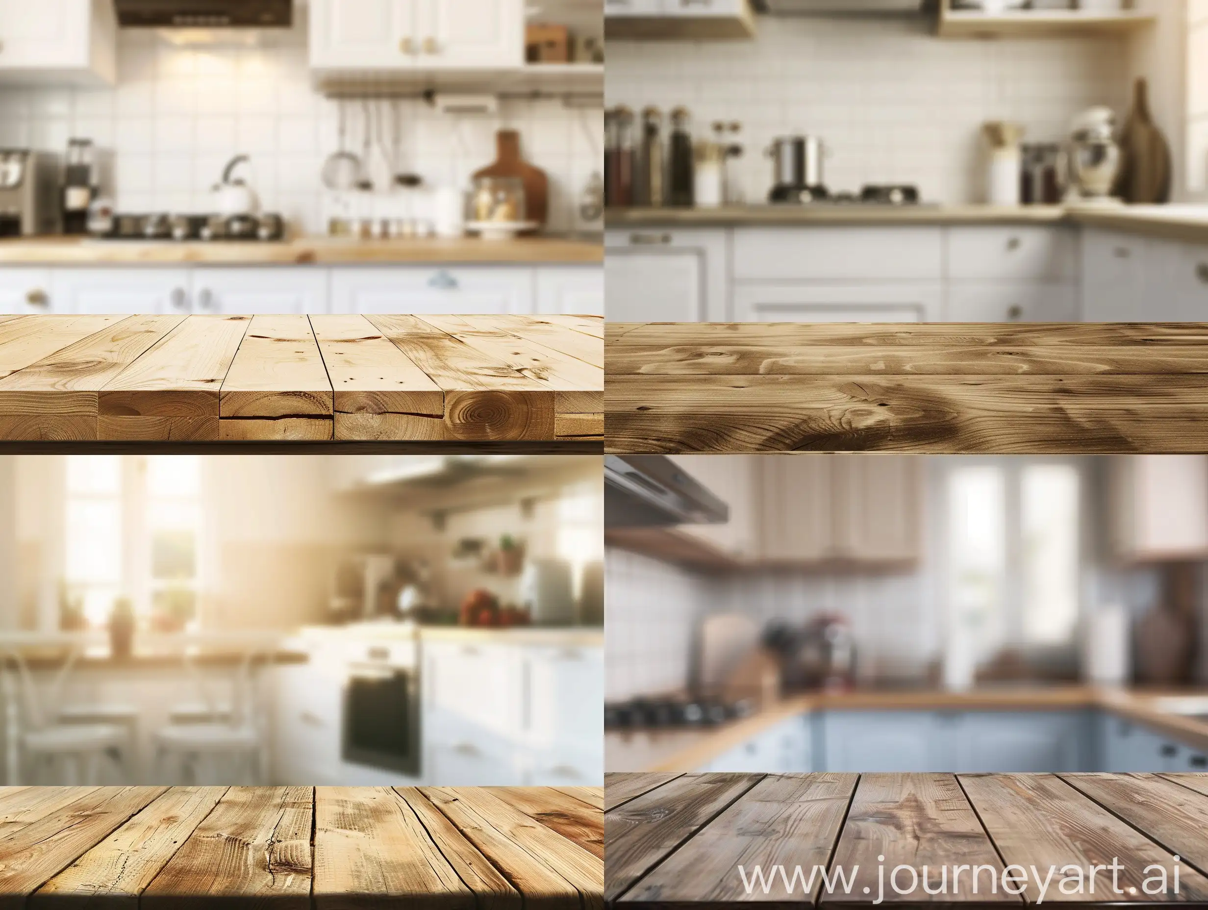 Wooden table top in blurred kitchen background
