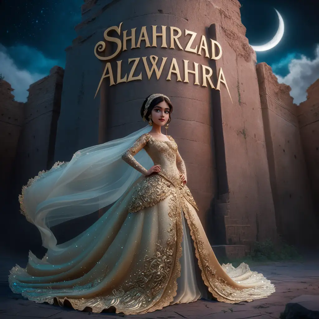 Create an image consisting of a 20-year-old girl wearing a golden dress decorated with ornaments. The girl stands in front of a large wall and the word “Shahrzad Alzwahra” is written on the wall in prominent letters. 