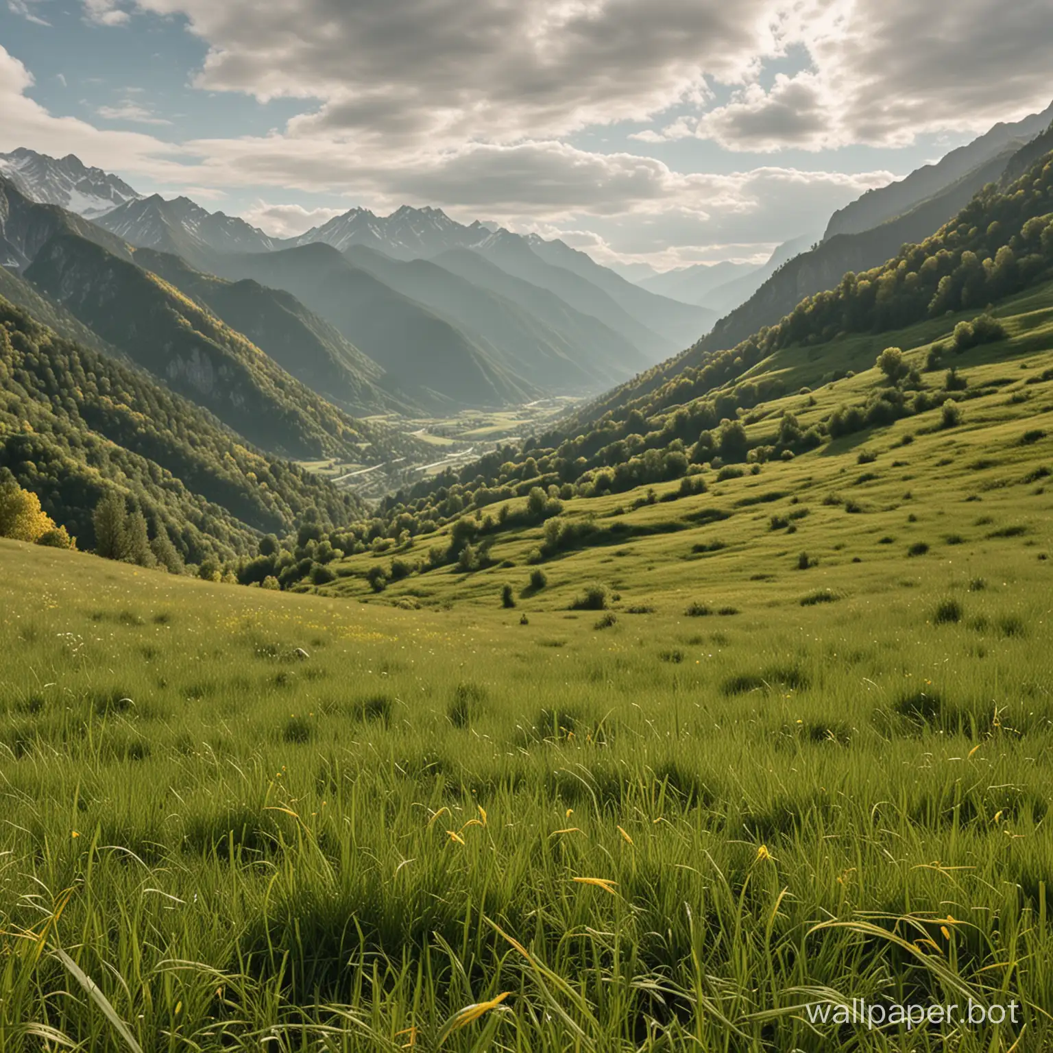 a nature image with small grass all over and green mountains with green mountains and some yellow trees.

camera angle is from ground. 