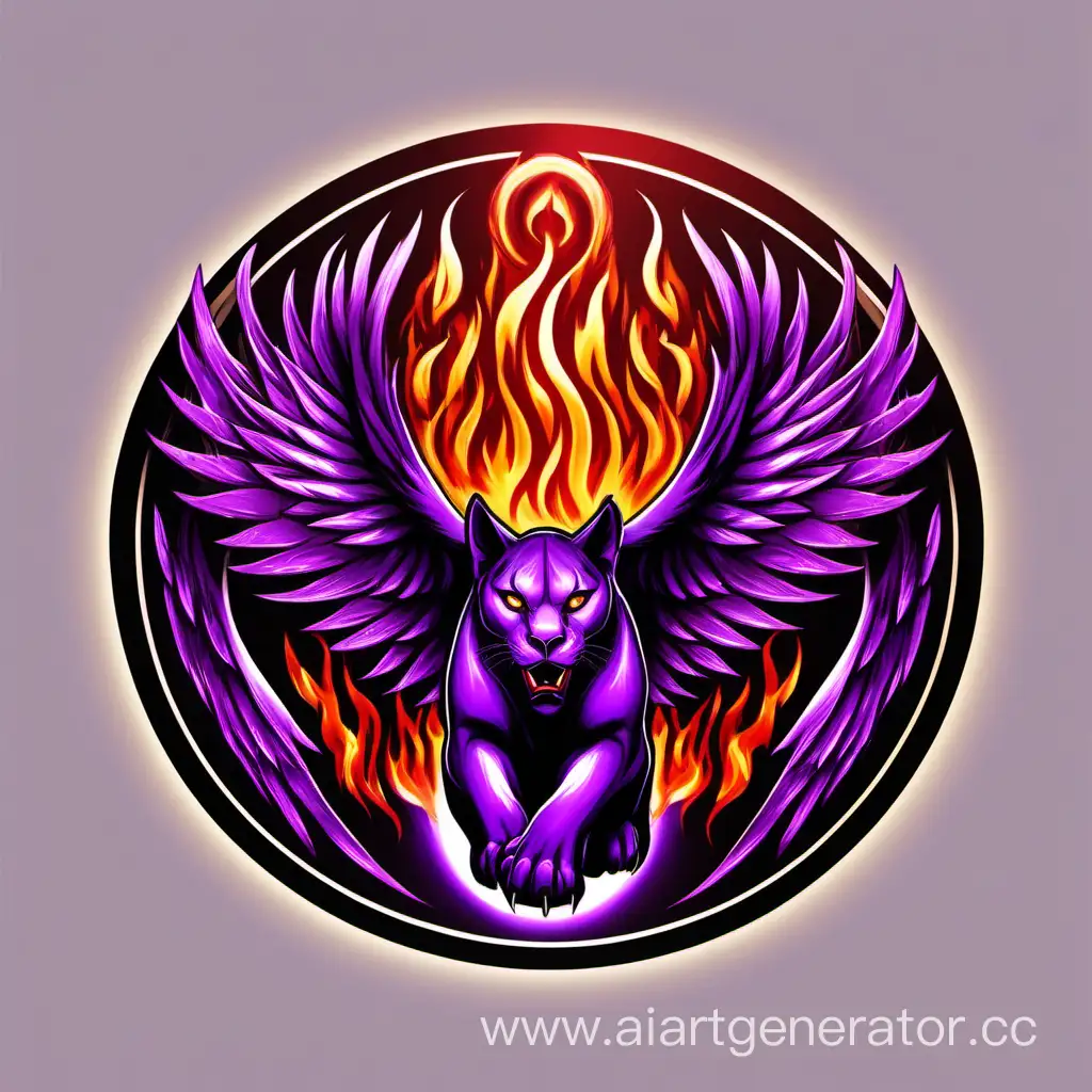 circle icon with purple and red fire with panther with wings of phoenix in the center