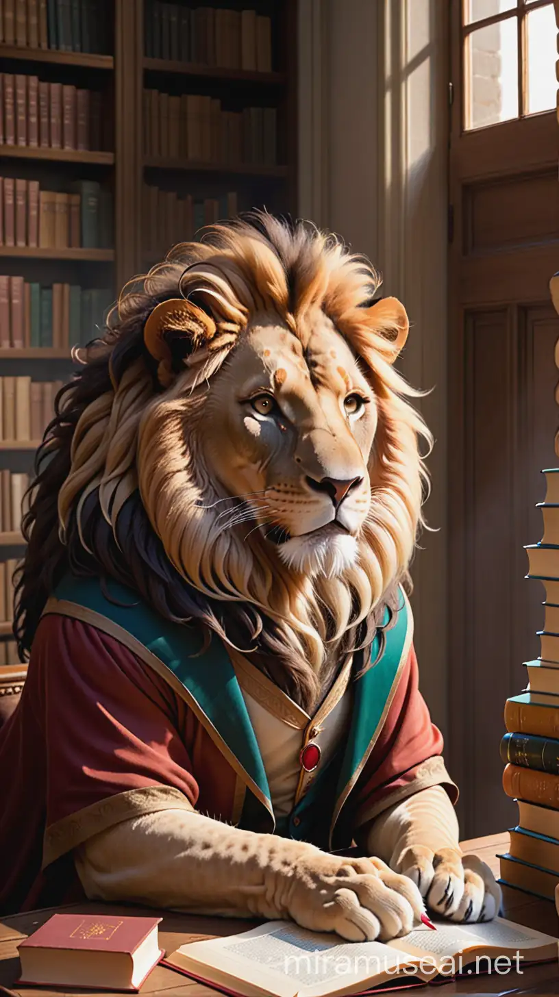 Majestic Literary Lion in Enchanted Forest