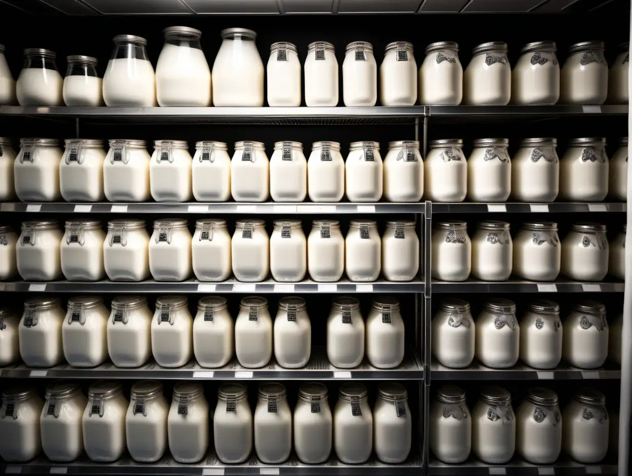 multiple shelves holding large jars of milk. very intricately and microscopically detailed. labeled with label stickers. emphasizing the smooth and creaminess of the milk. set in a dark and cold walk-in freezer.