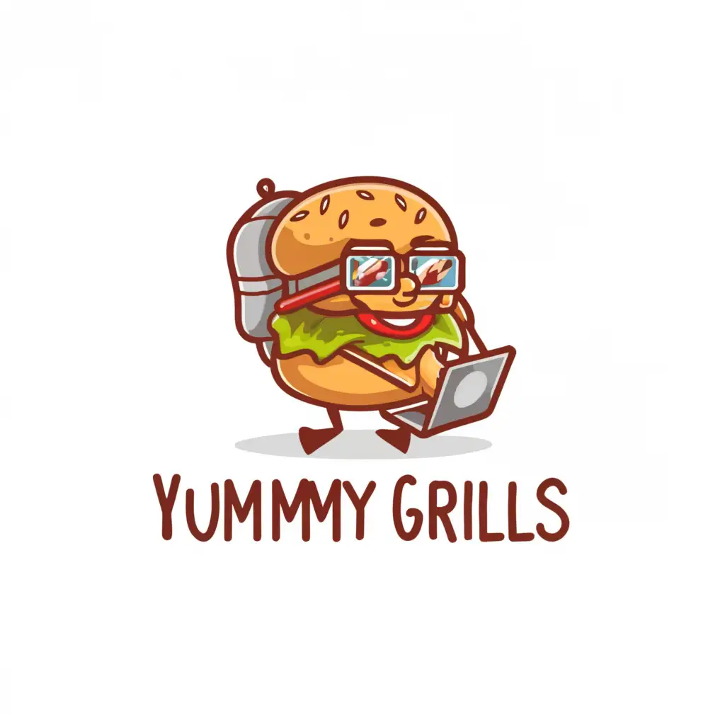 a logo design,with the text "Yummy grills", main symbol:nerd burger with a laptop,Moderate,be used in Technology industry,clear background