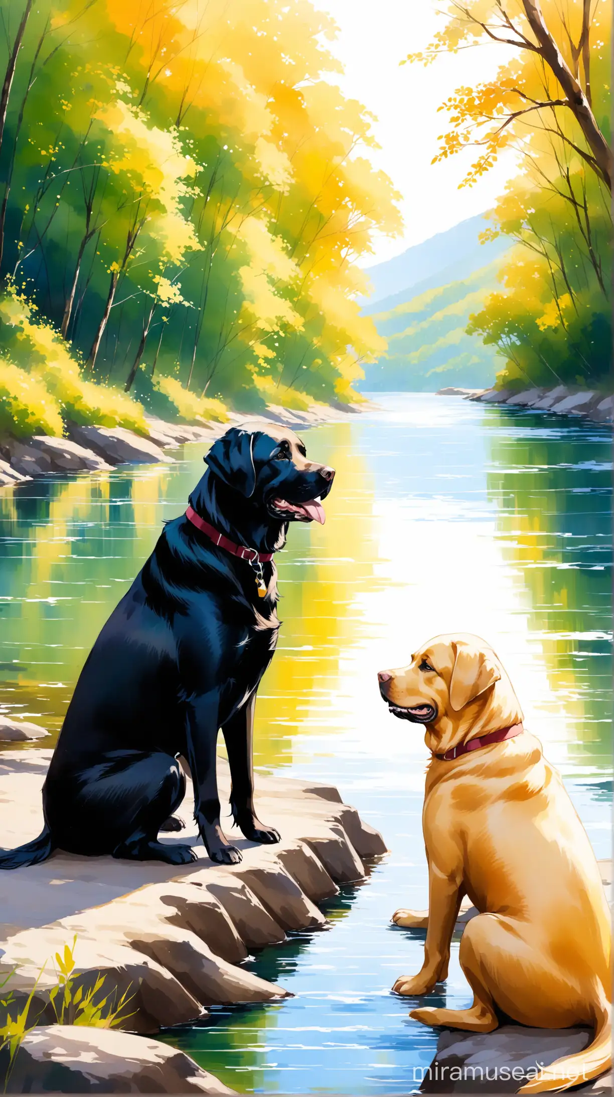 Two labradors sitting next to a river,a water painting style picture