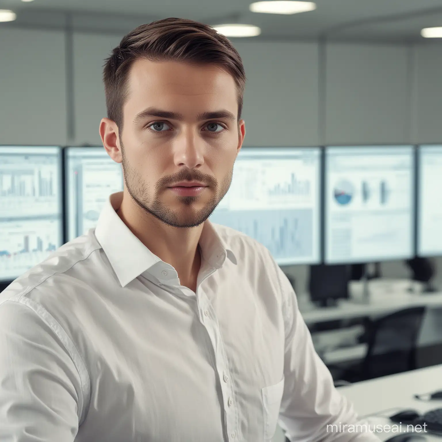 highfashion, white male polish employee working in analytics looking straight into camera, some dashboard in the background blurred, close --v 6 --ar 4:3