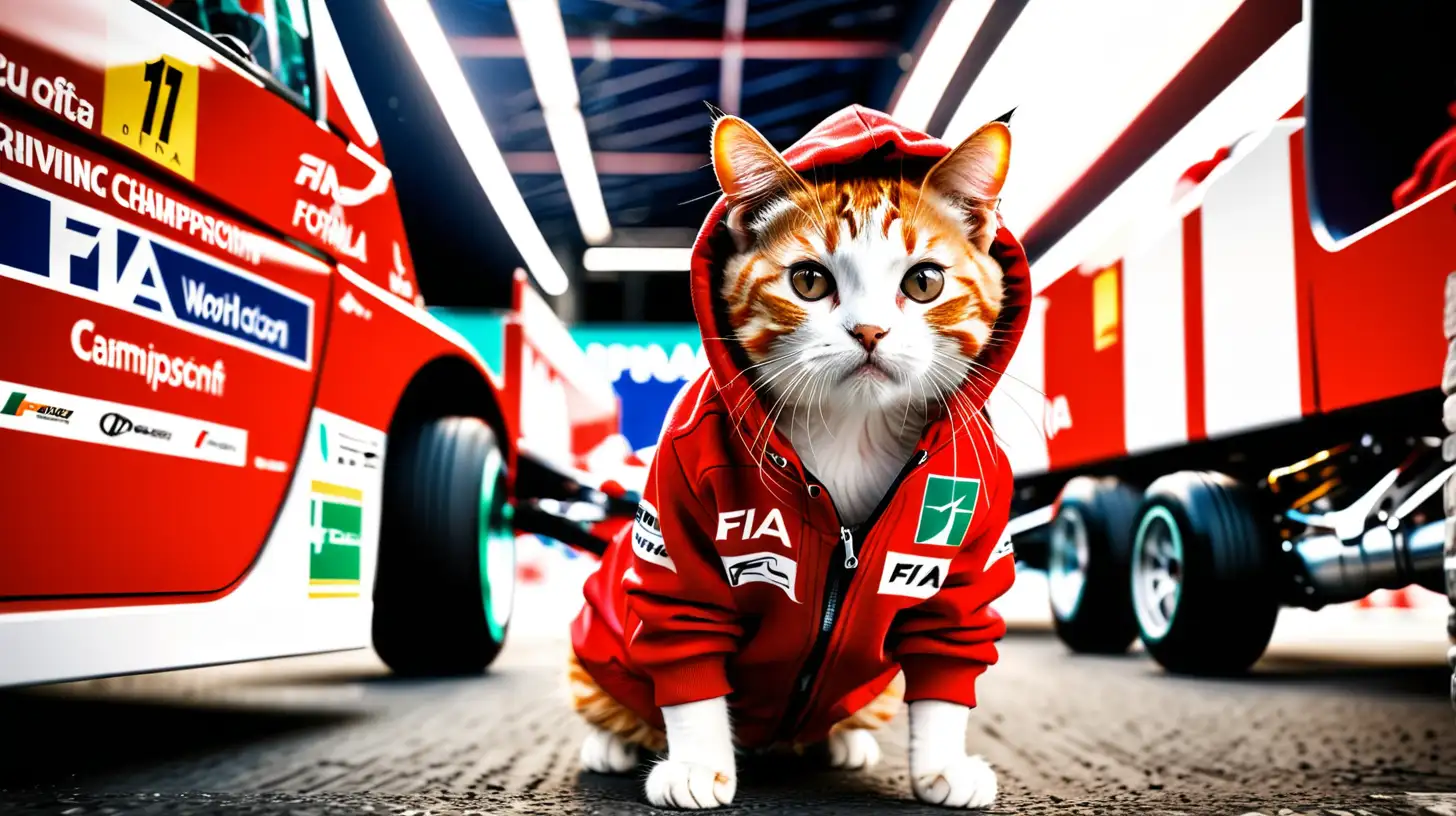 Adorable Cat in Red Hoodie Jacket Watches FIA Formula One Championship Winner with Stacked Background Wide Angle Shot