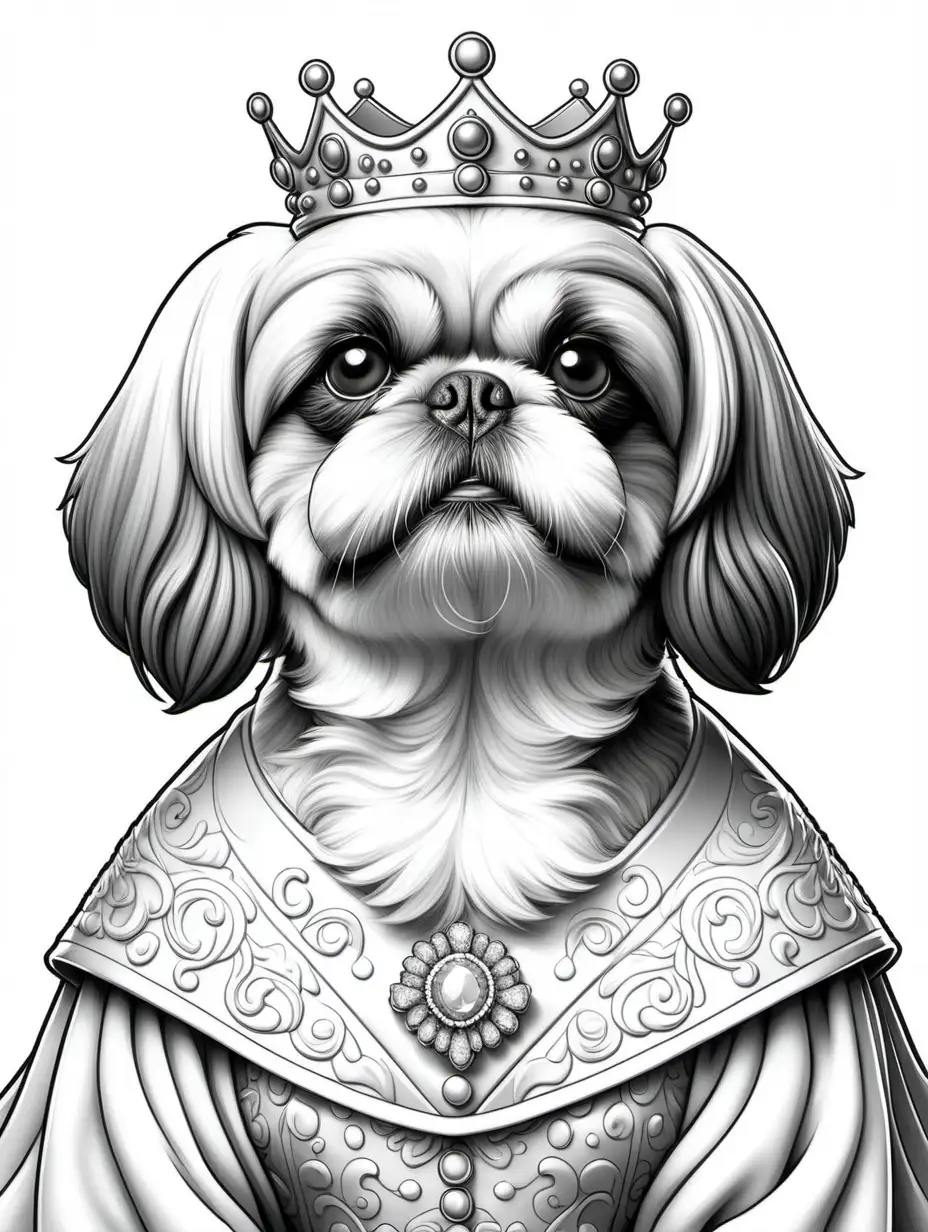 clean black and white, solid white background, highly detailed, Generate an adult coloring book page featuring a Japanese-inspired bust shot of a Shih Tzu dog dressed as a princess and wearing a Royal dress. 