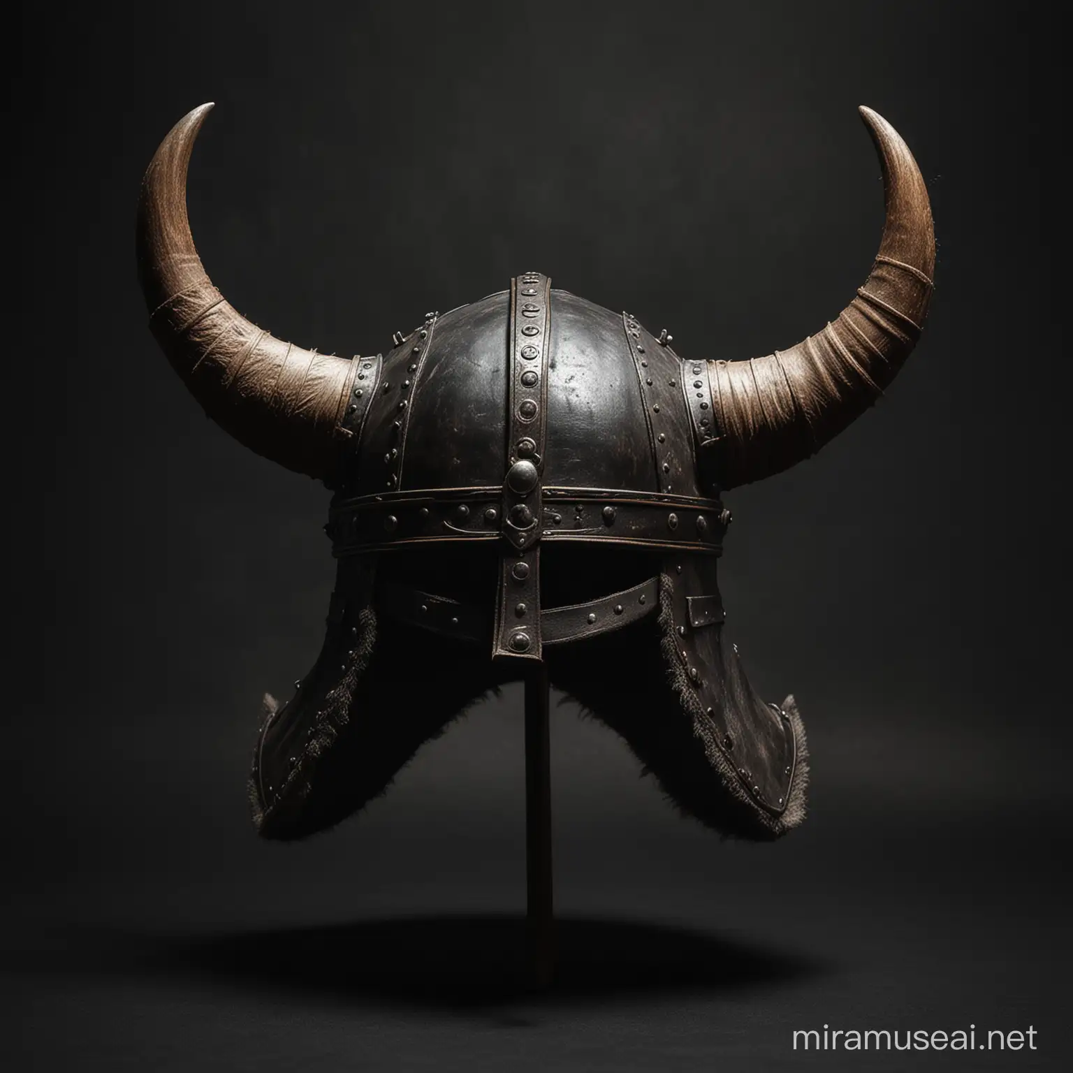 a viking hat with horns and a dark surface and dark background