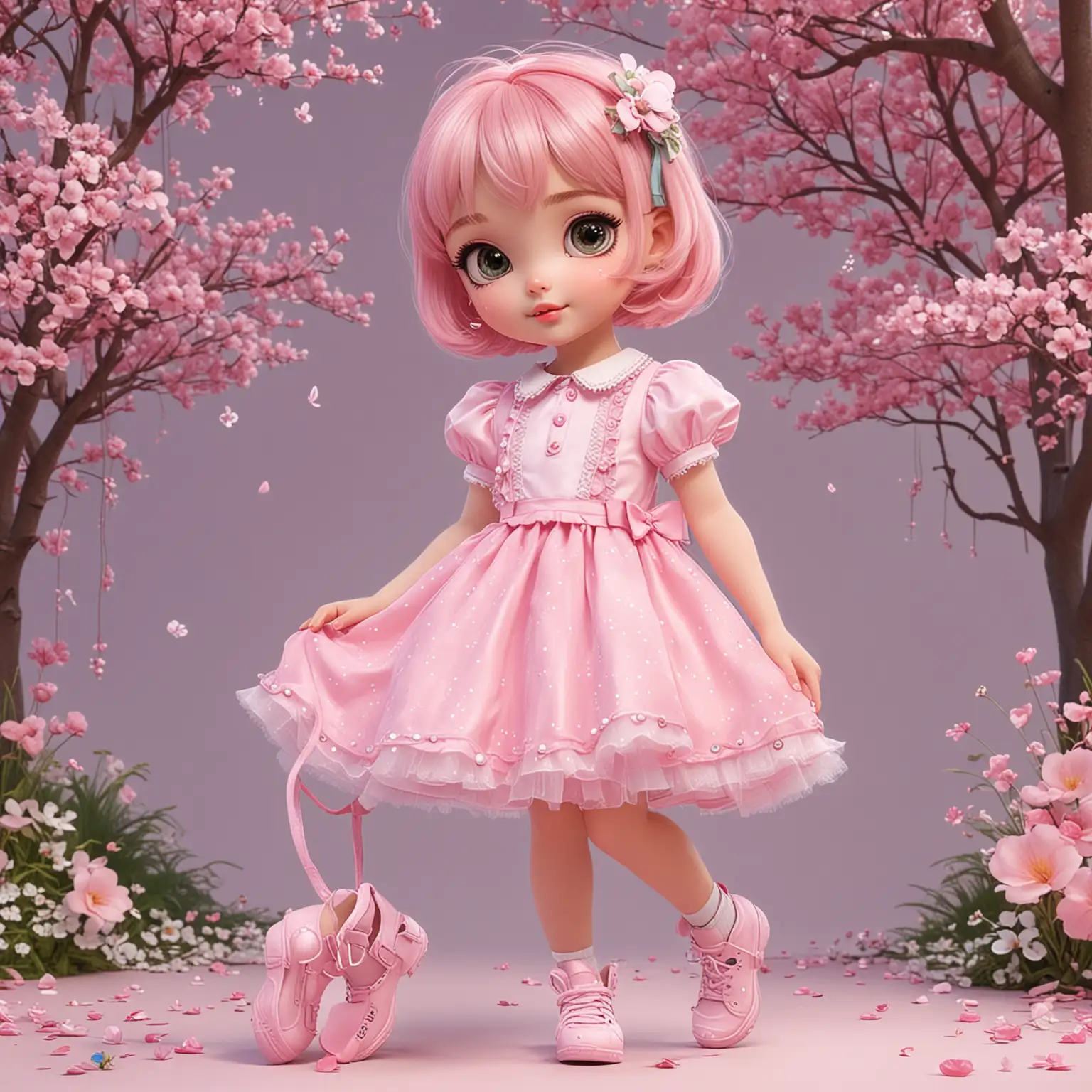 Create an enchanting beautiful very trendy style spring kawaii girl. in a beautiful and glamorous pink outfit. Lip gloss. Bob cut short hair. Beautiful details factions. Big eyes. Very Trendy shoes. Full hands. High quality. HD. no background. Thomas Kinkade style.