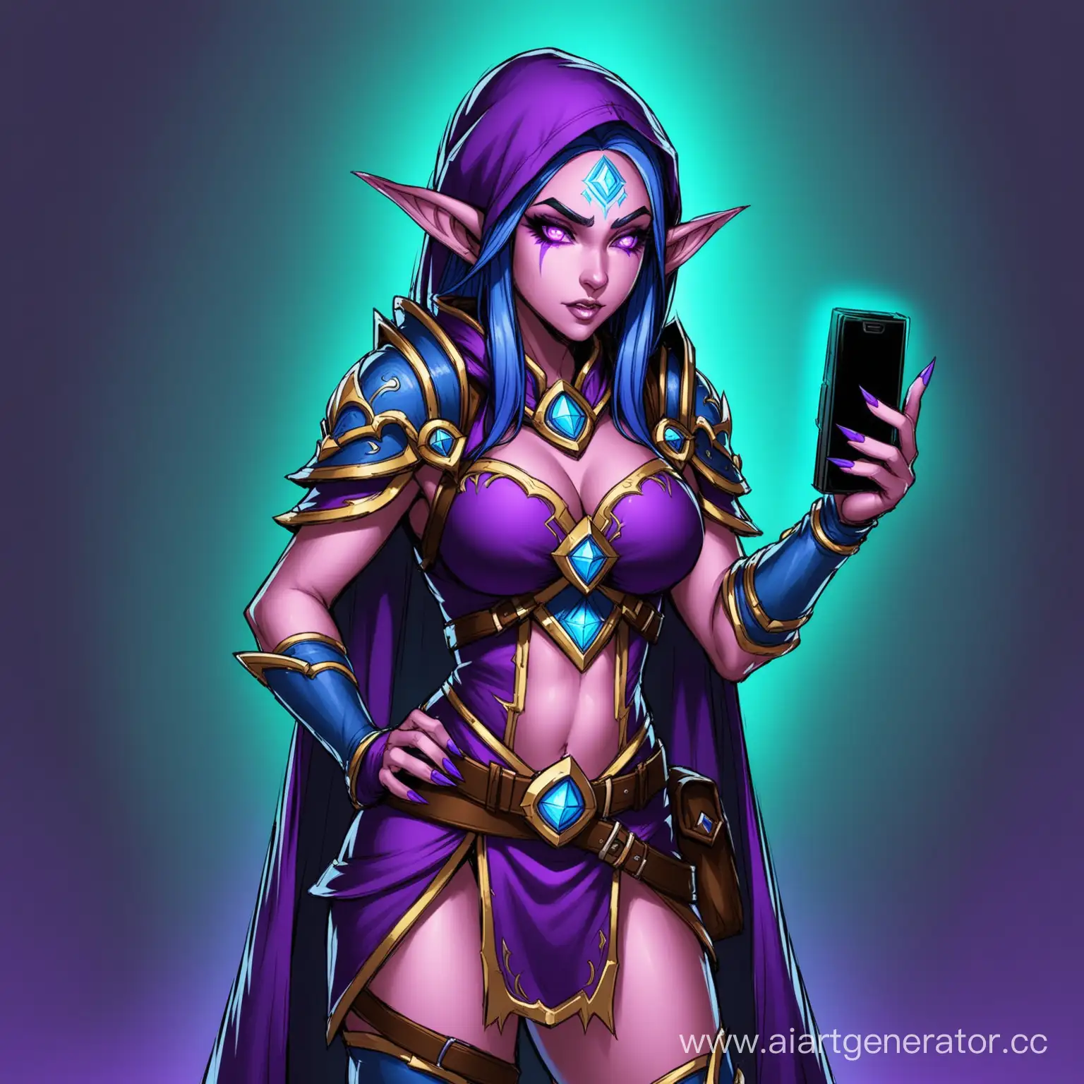 Warcraft night elf woman dressed as a rogue using cellphone to call someone