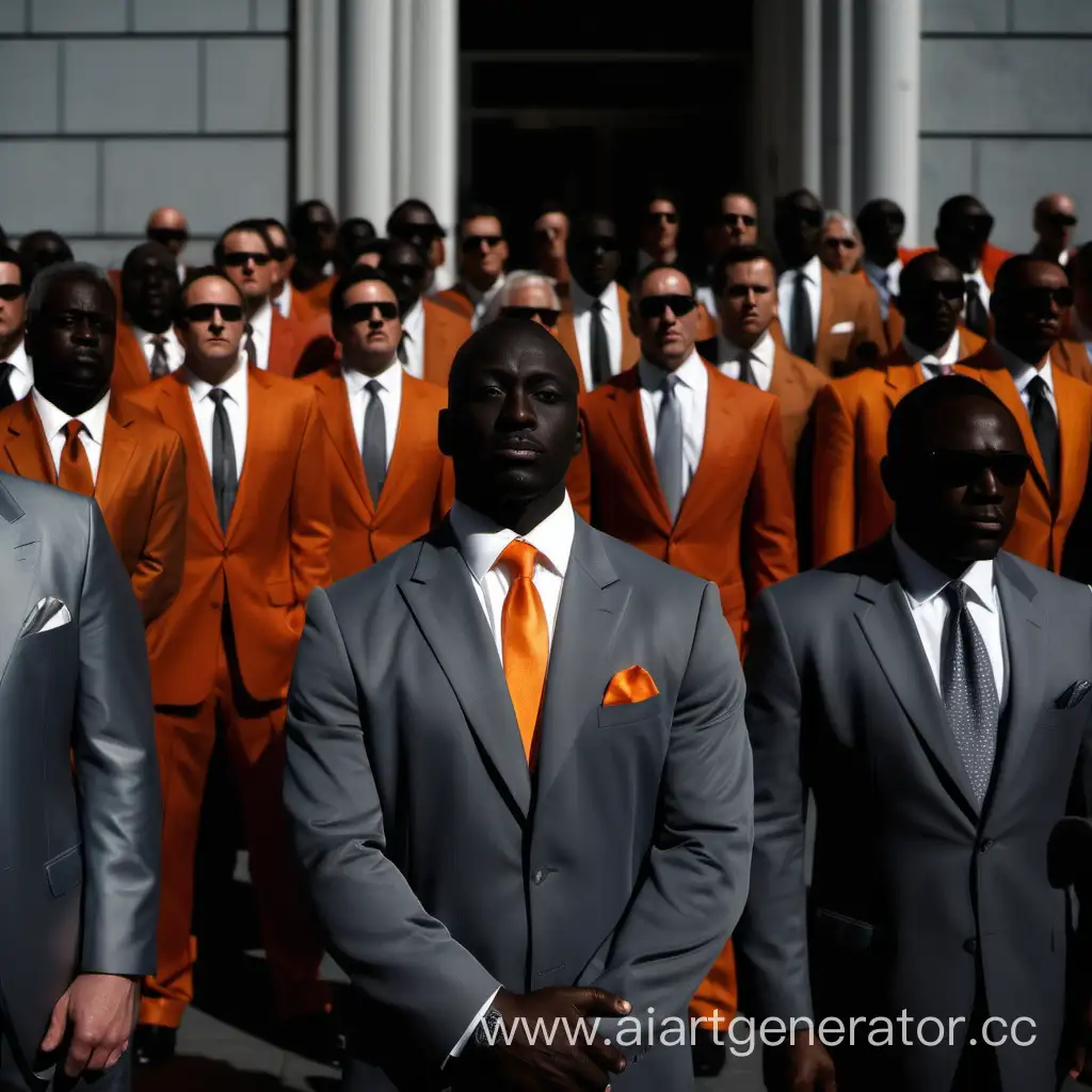 Successful-Wealthy-Man-in-Dark-Orange-Suit-Surrounded-by-GraySuited-Men