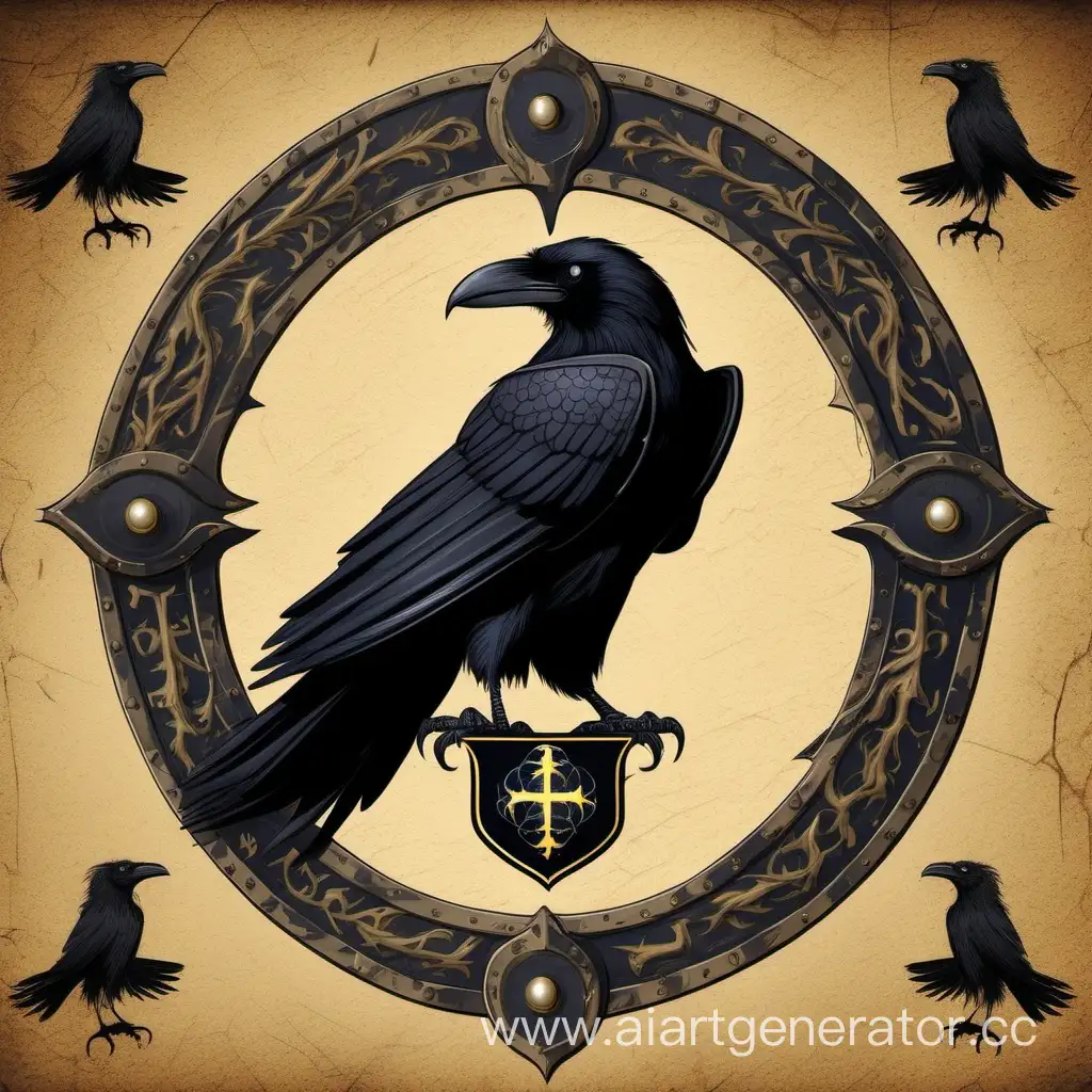 Средневековый герб на щите с черным вороном, который расправил крылья. Над вороном символ волшебного глаза 
