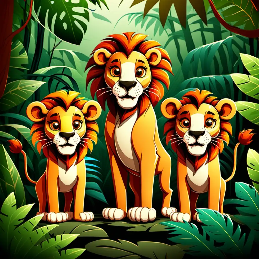 Playful Cartoon Lions Roaming in a Lush Jungle Habitat