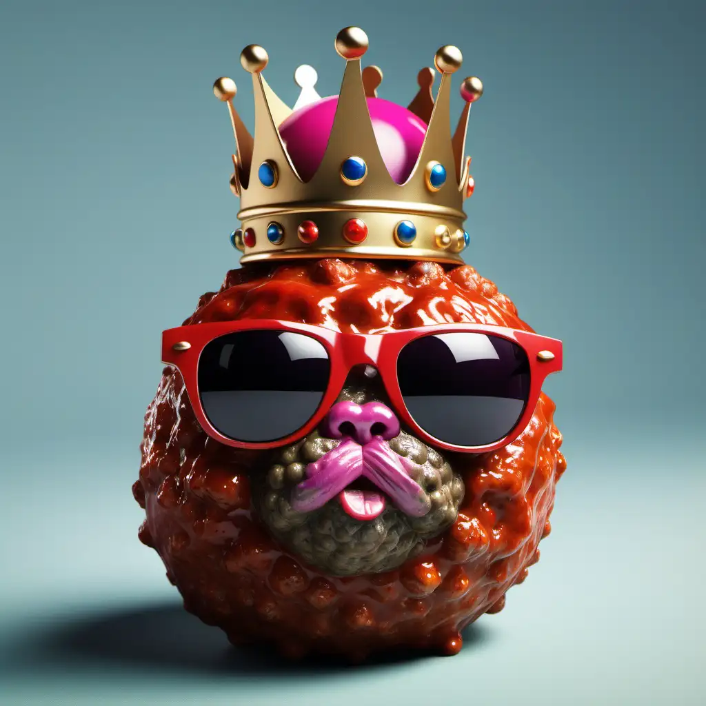 Ultra realistic meatball with a king's crown, Solana colors. Sunglasses.