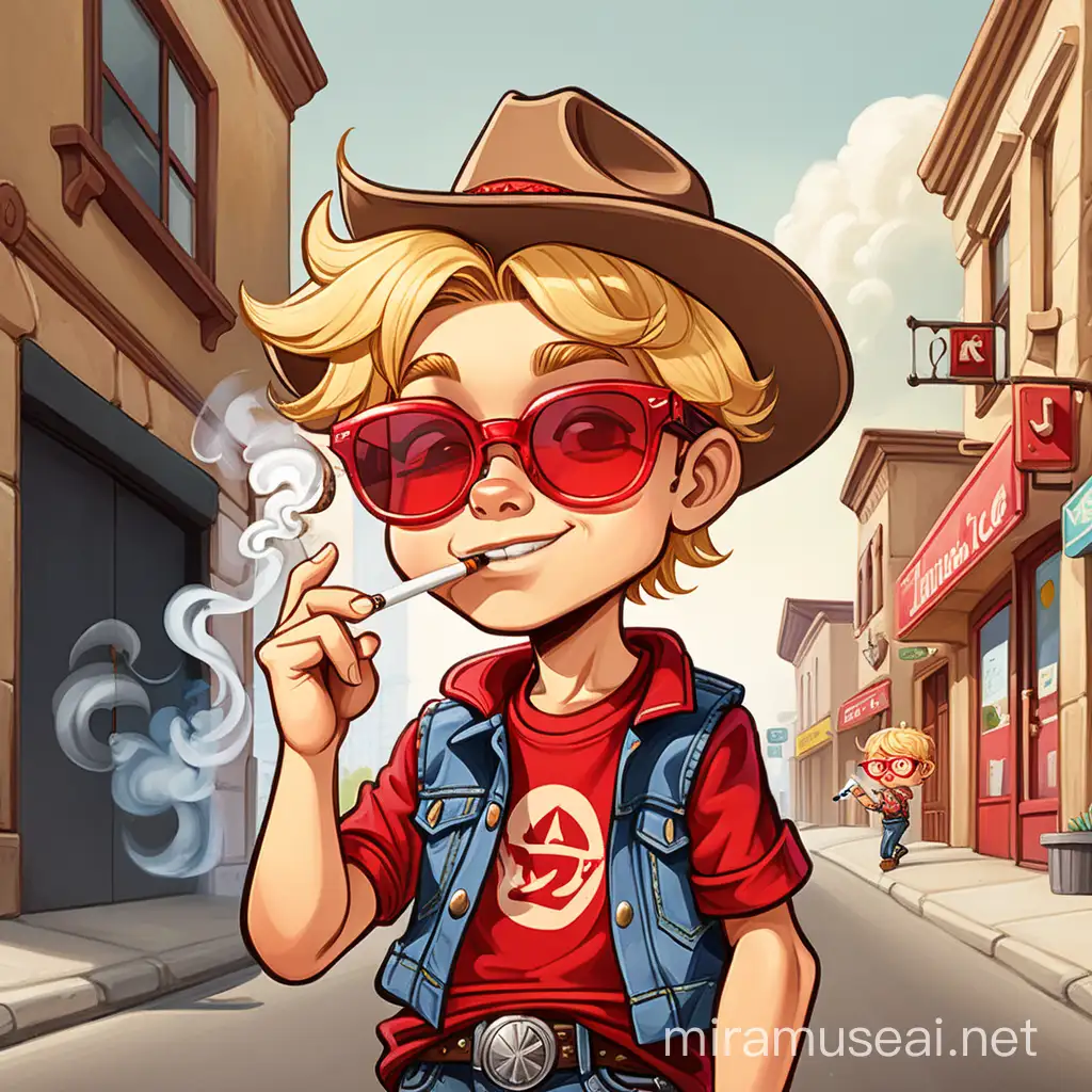 cartoon cowboy kid with red glasses and blonde hair , smoking joint in the street