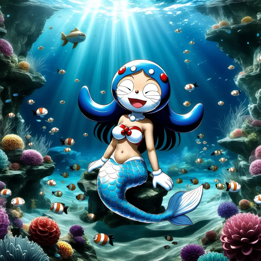 Subject: A captivating mythical mermaid In the anime style, this artwork features a full-body depiction of a mesmerizing mythical doraemon. The character is designed to exude beauty and magic, drawing viewers into a fantastical world. The mermaid is showcased in a sitting position, a pose that adds a touch of uniqueness to the overall composition. The artist has skillfully crafted original character designs, ensuring that the doraemon's appearance is unlike any seen before. Setting/Background: A magical and enchanting underwater realm The backdrop is a magical underwater world, filled with vibrant colors and ethereal lighting

