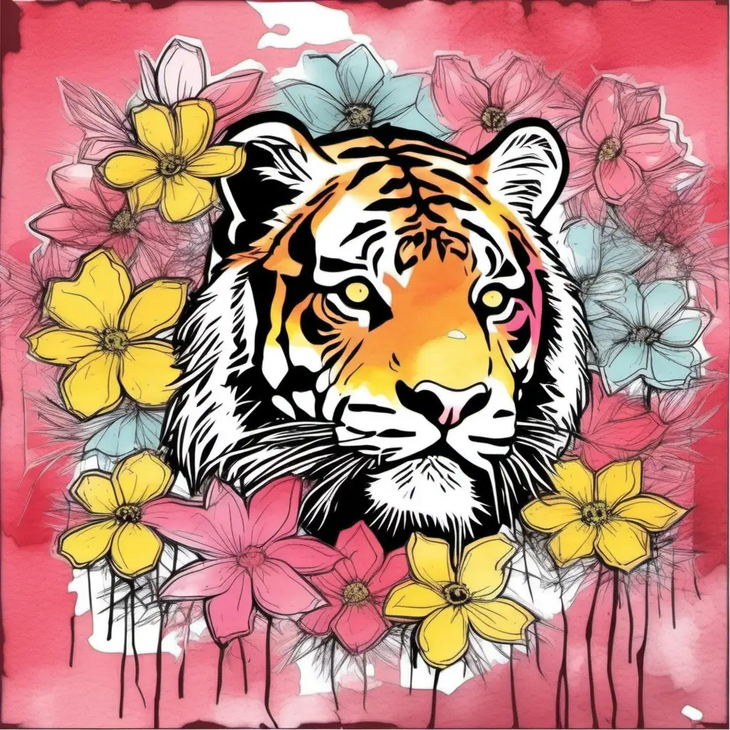 /imagine prompt pastel watercolor Tiger Flowers pink, red, some yellow washed out color, clipart on a white background andy warhol inspired --tile
