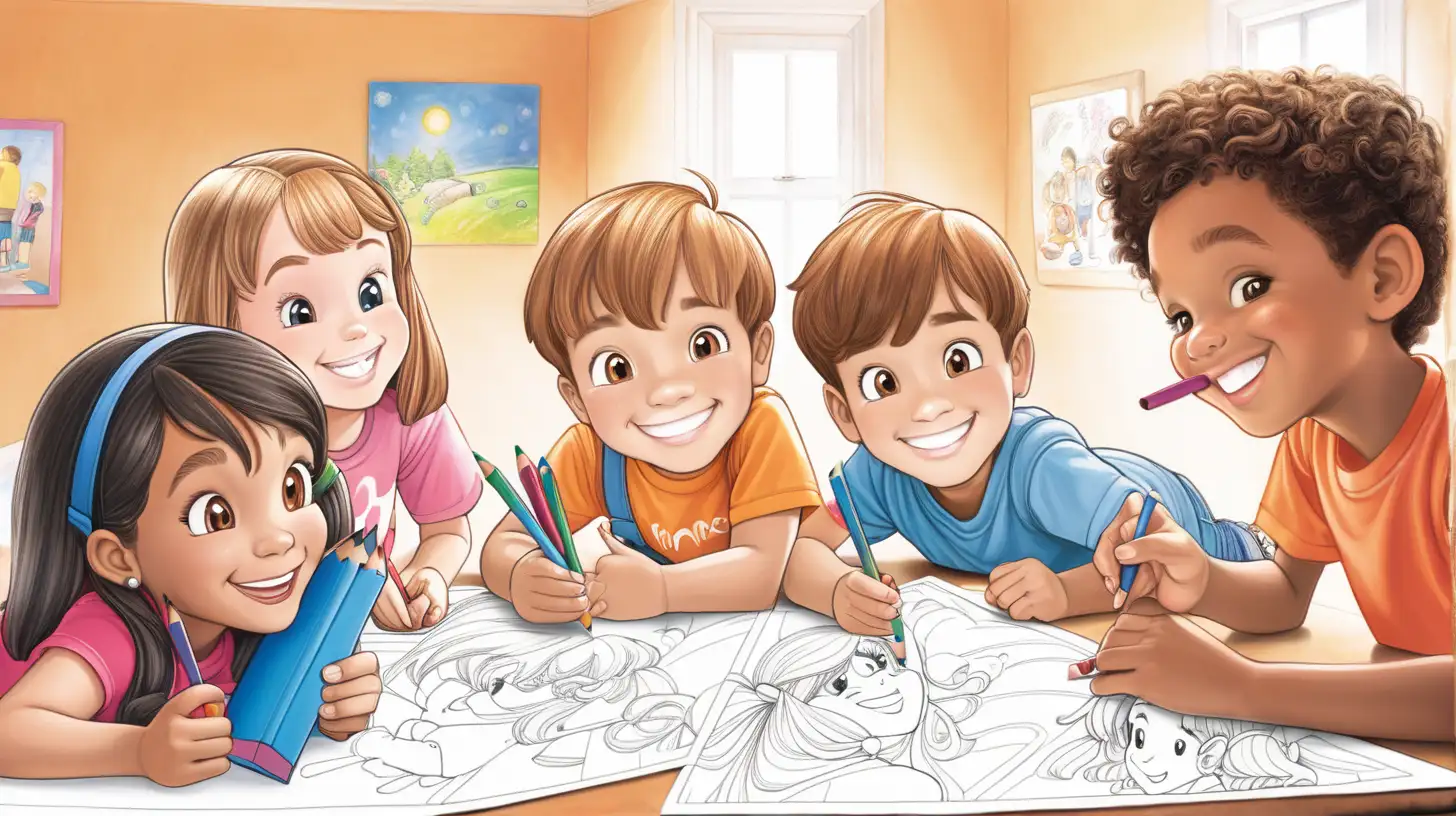 a small group of boys and girls in a corner  coloring with crayons, smiling, laughing