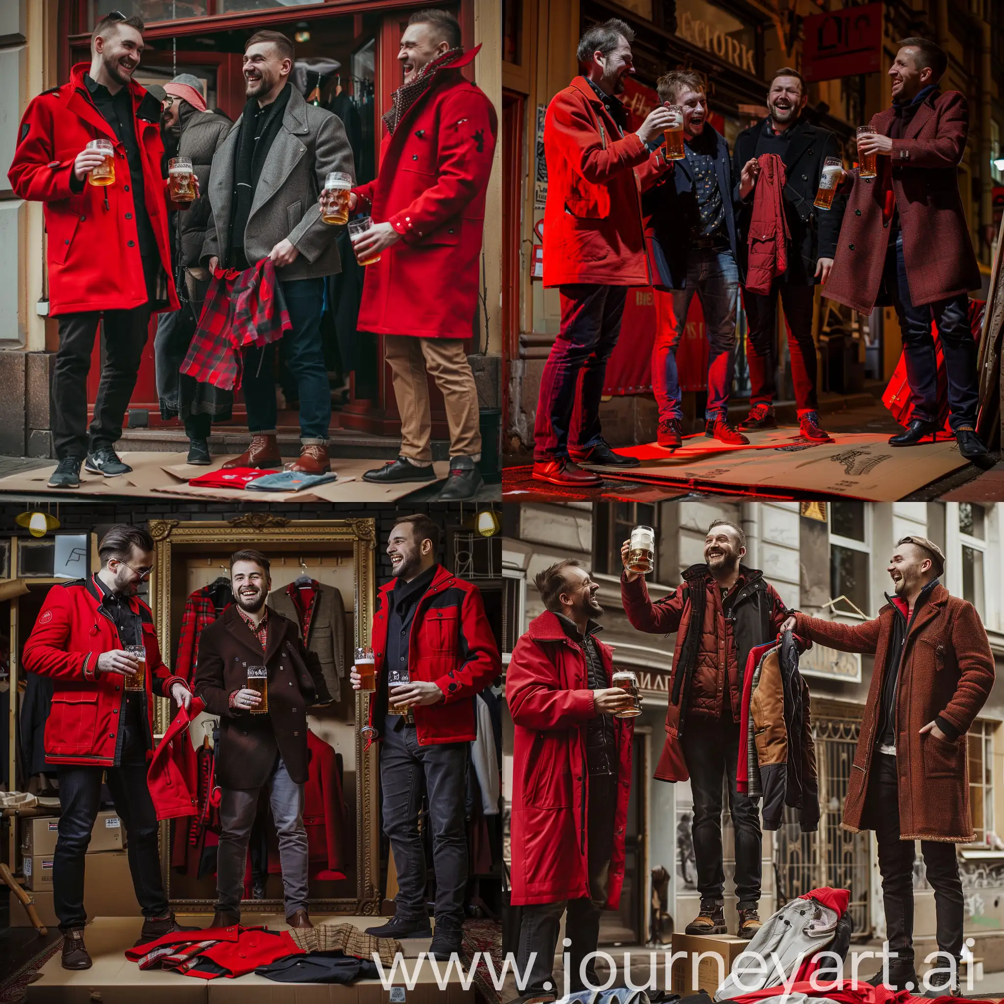 Gentlemen choosing vintage clothes in the market of St. Petersburg, standing on cardboard, holding glasses of beer, laughing, holding everything in red-and-black dramatic colours red and black colour scheme, dramatic lighting, detailed