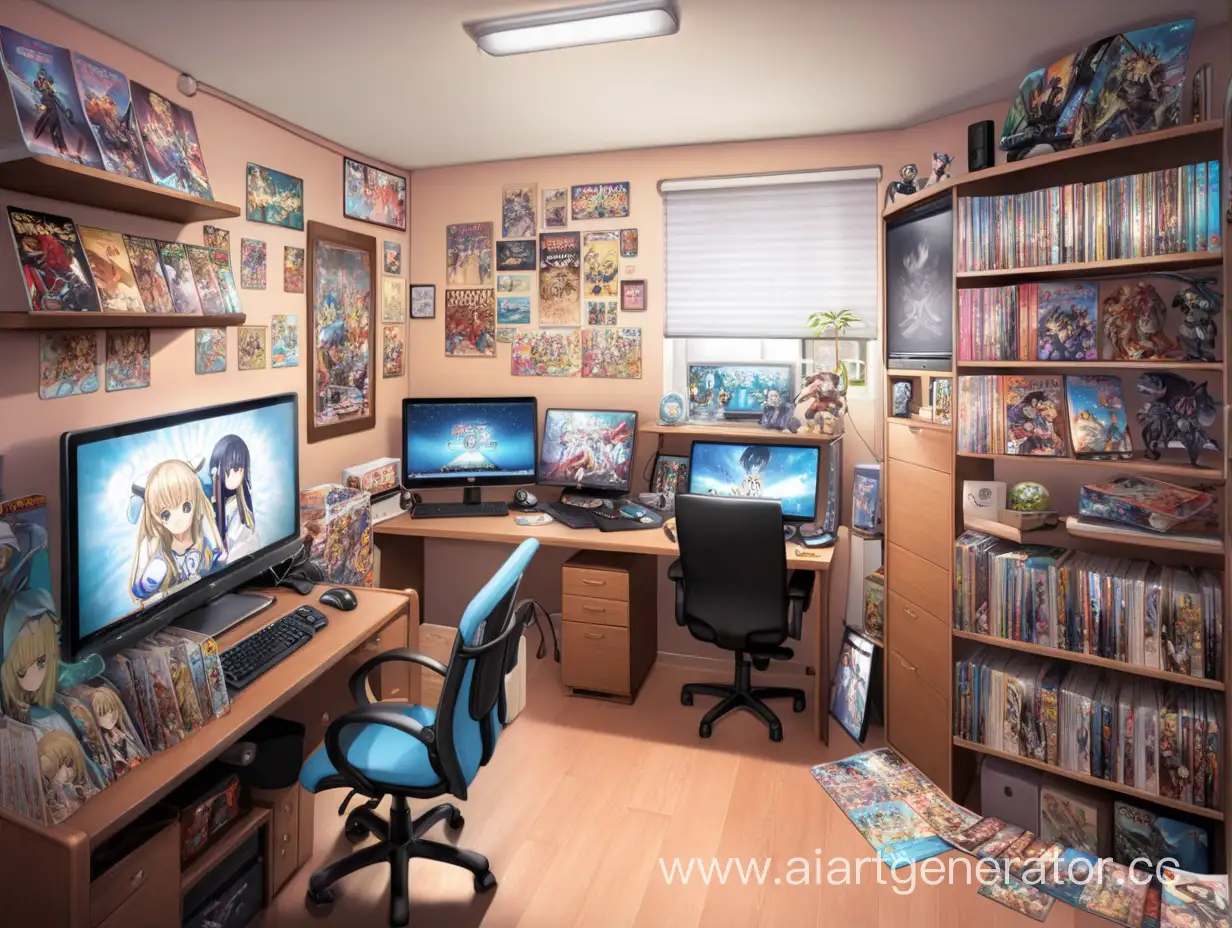 комната с комиксами, аниме, фигурками, играми, одним компом, как в визуальных новеллах