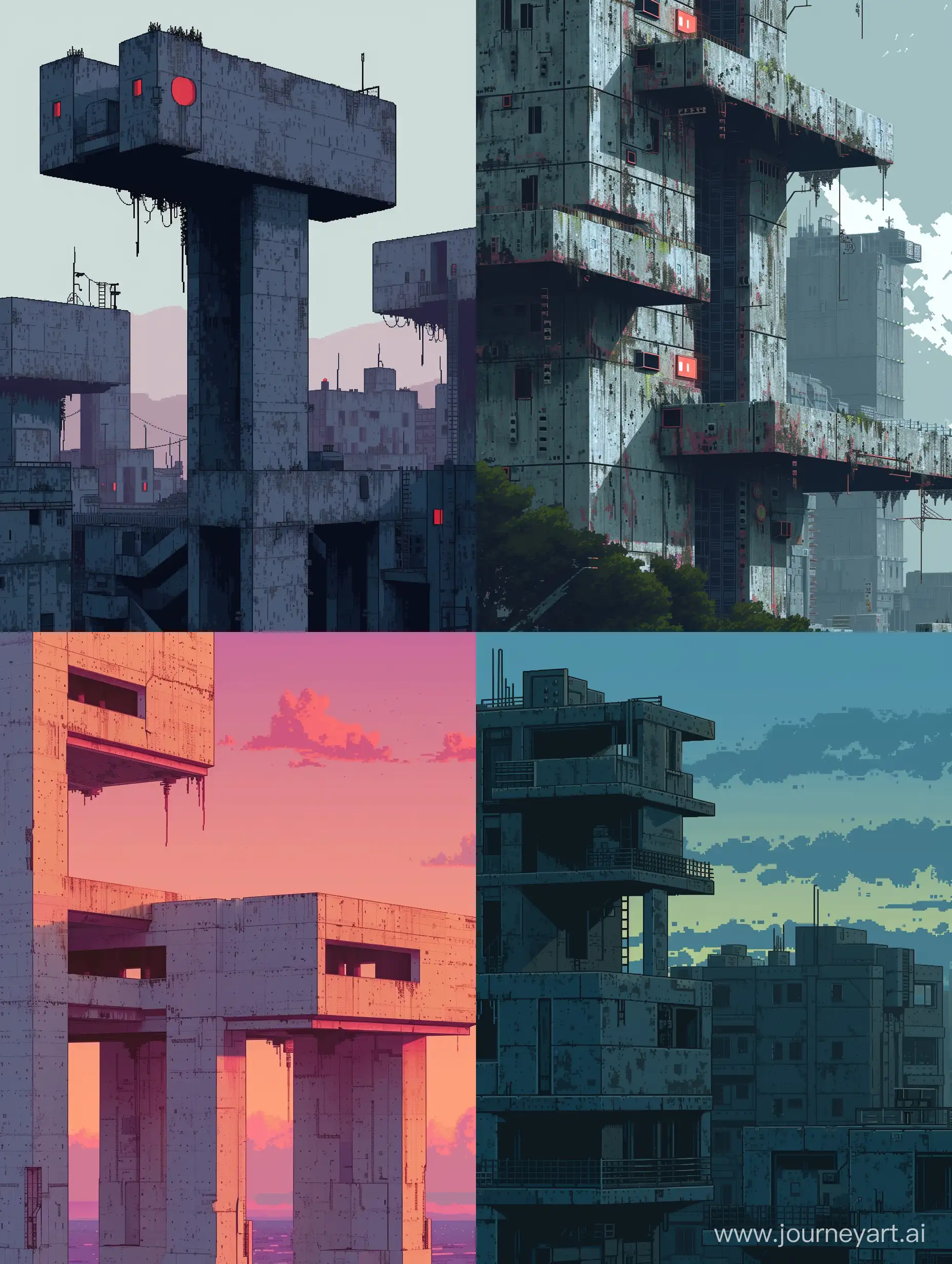 A picture of a Brutalism city structure inspired by Pixel Art Style