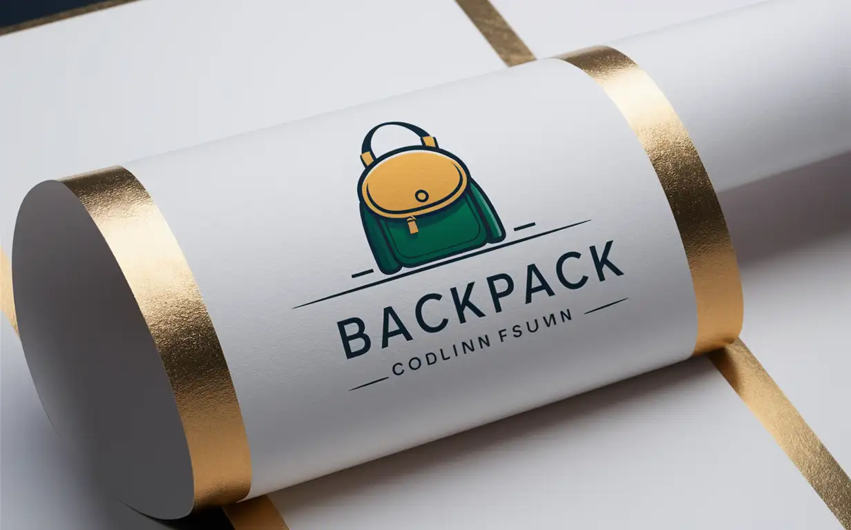 Logo: Small backpack(simplified, golden, green, navy blue) inner a long white horizontal oval paper with beautiful golden border.
Background: white