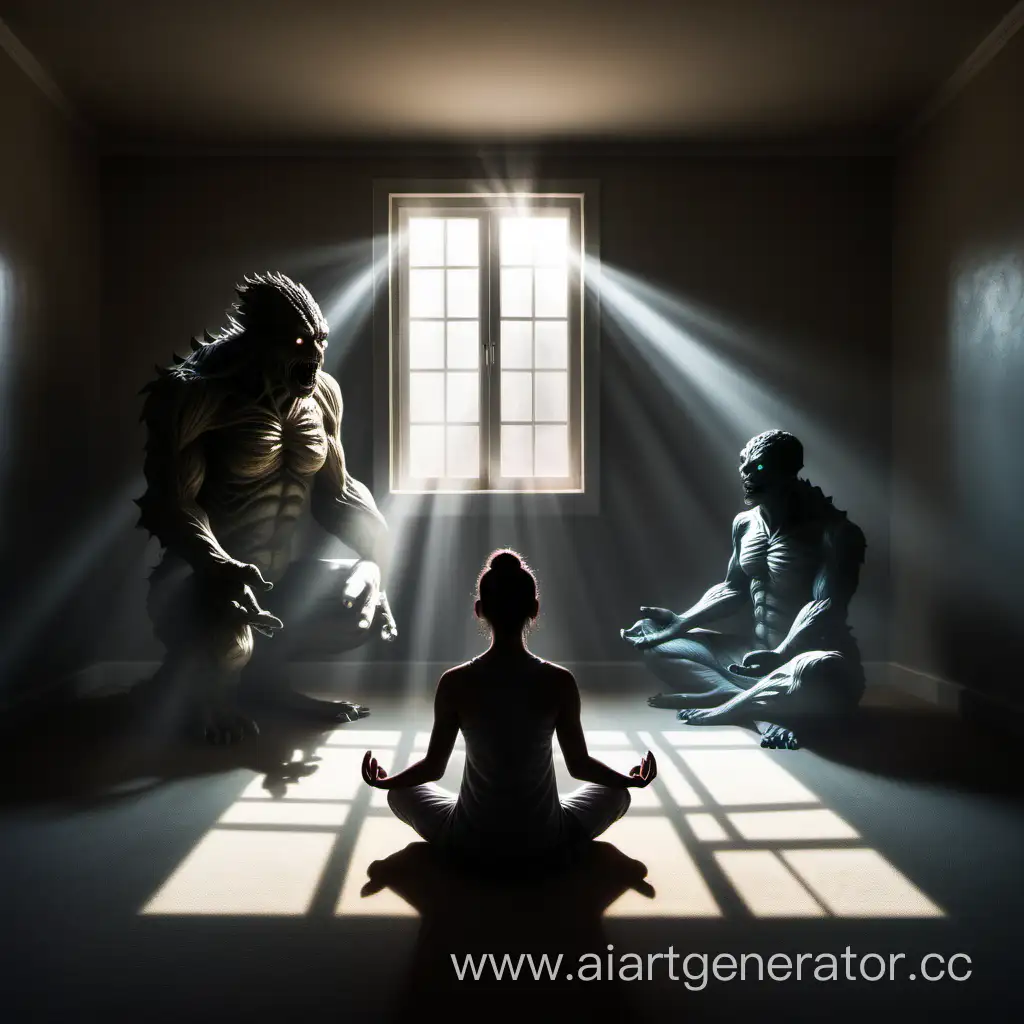 В комнате человек сидит в позе медитации, на него падает луч света из окна, в углу комнаты видны полупрозрачные тени монстров, они тянутся руками к человеку