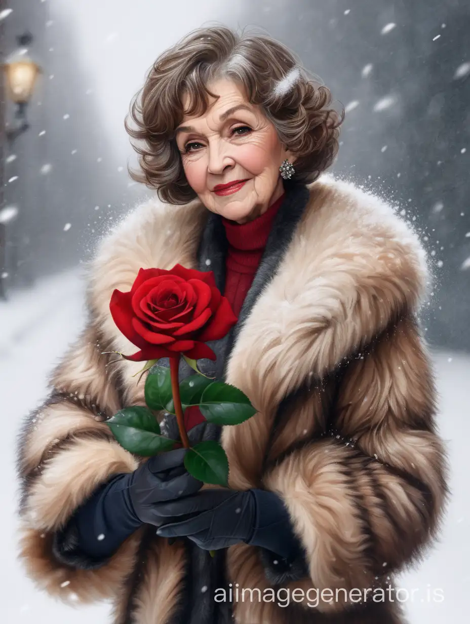 An aged woman in a fur coat, short wavy brown hair, a red rose in her hand, snowing