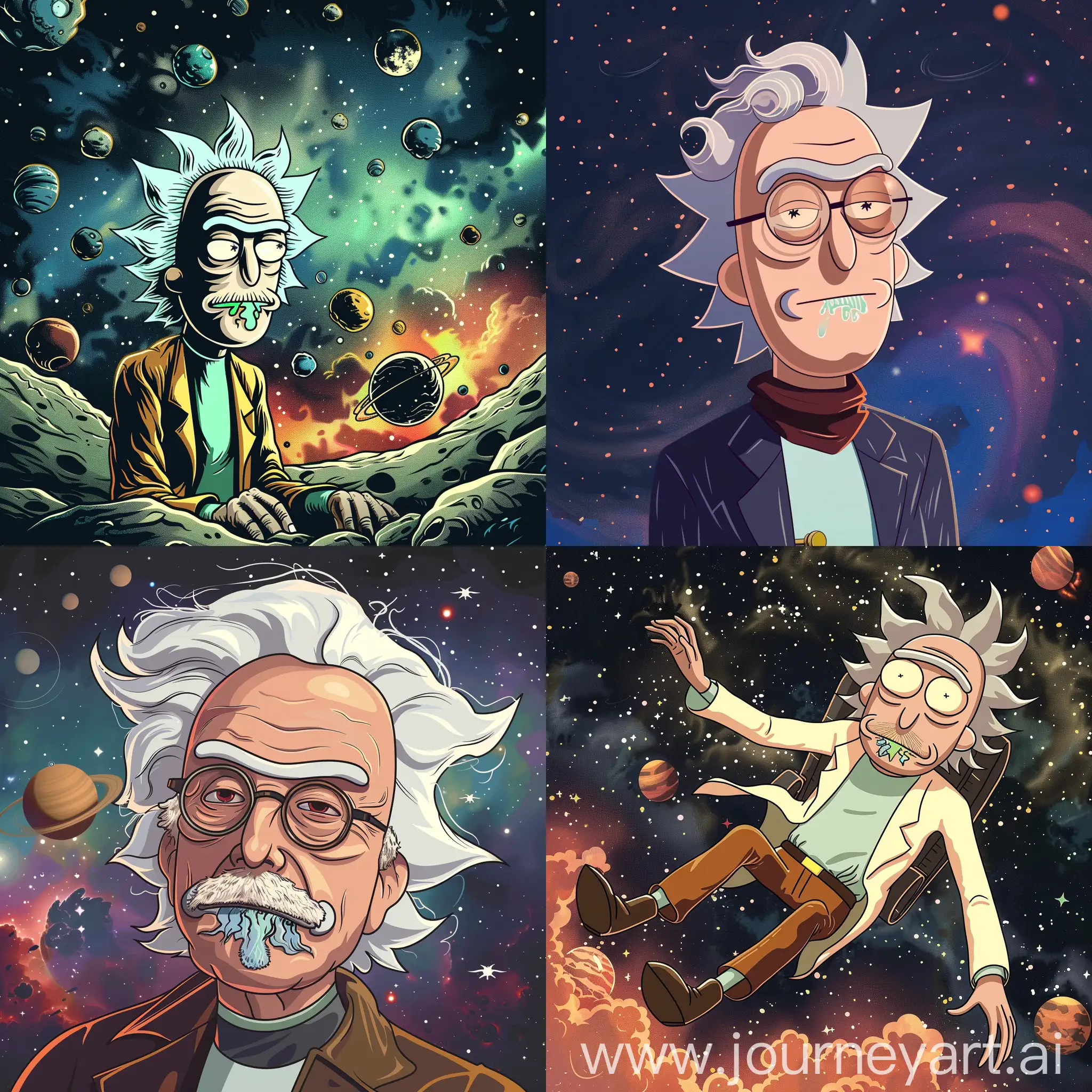 Albert Einstein in space Rick and Morty cartoon style