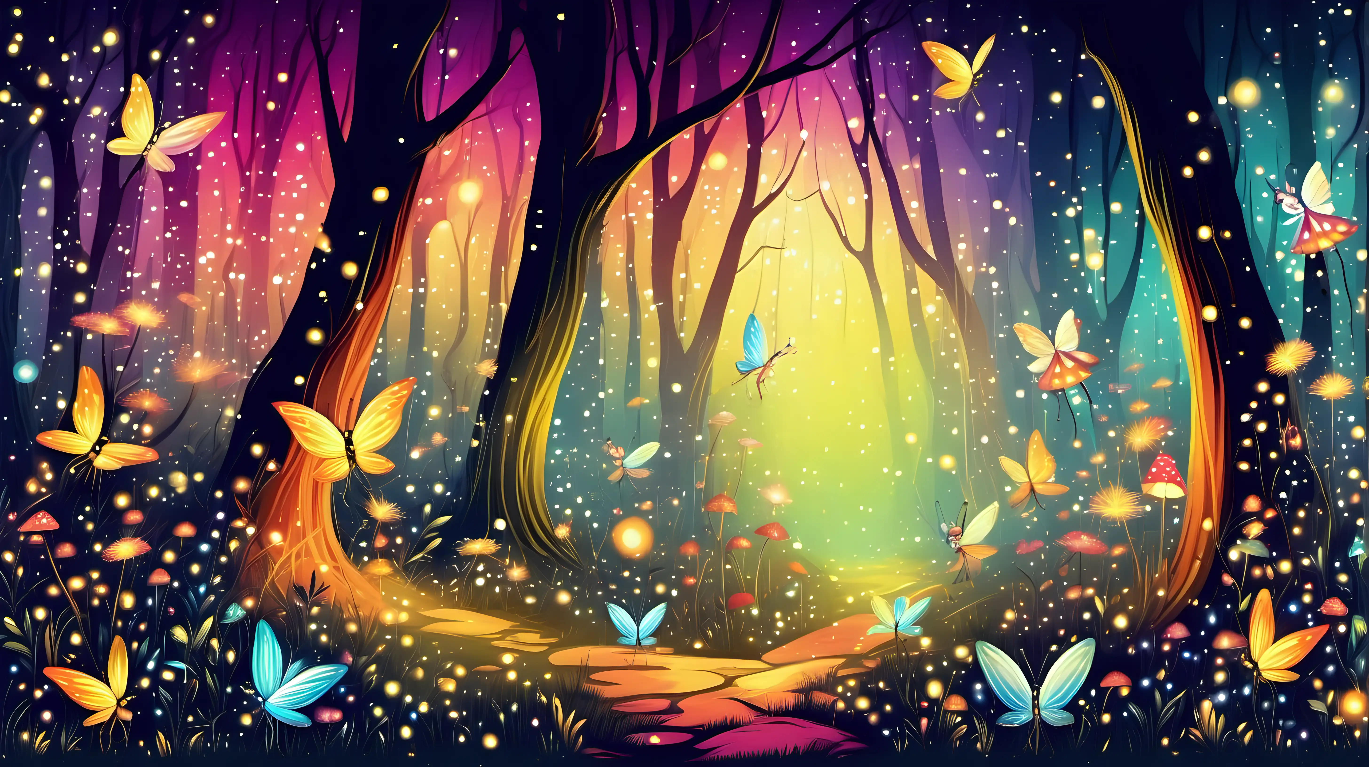 Enchanting Forest Scene with Colorful Fairies and Fireflies