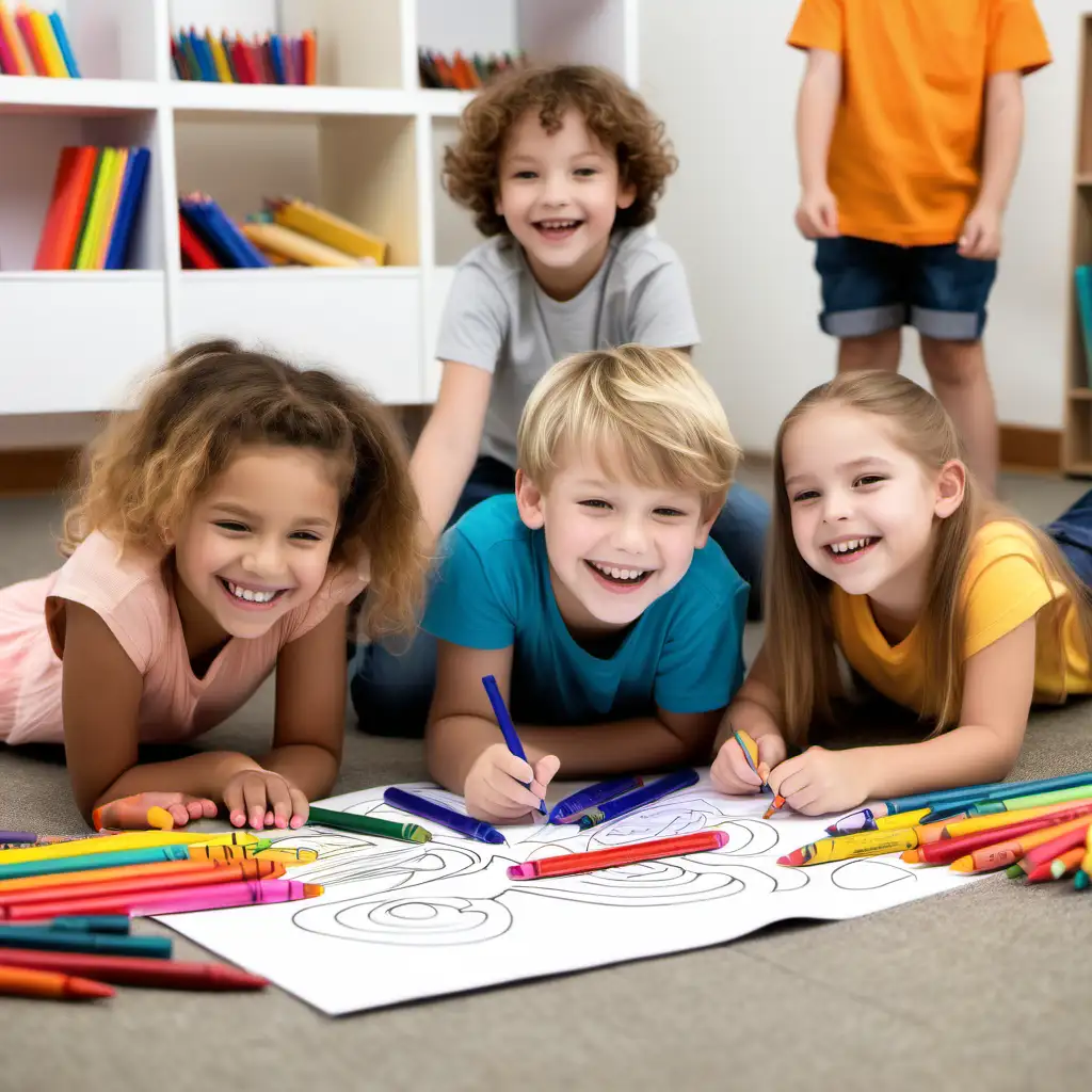 a small group of boys and girls on the floor  coloring with crayons, smiling, laughing