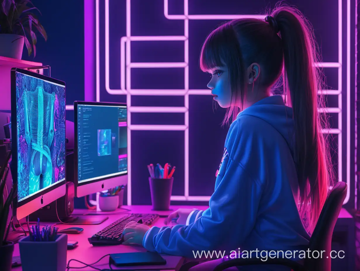Girl, behind the pc, neon office, reowix