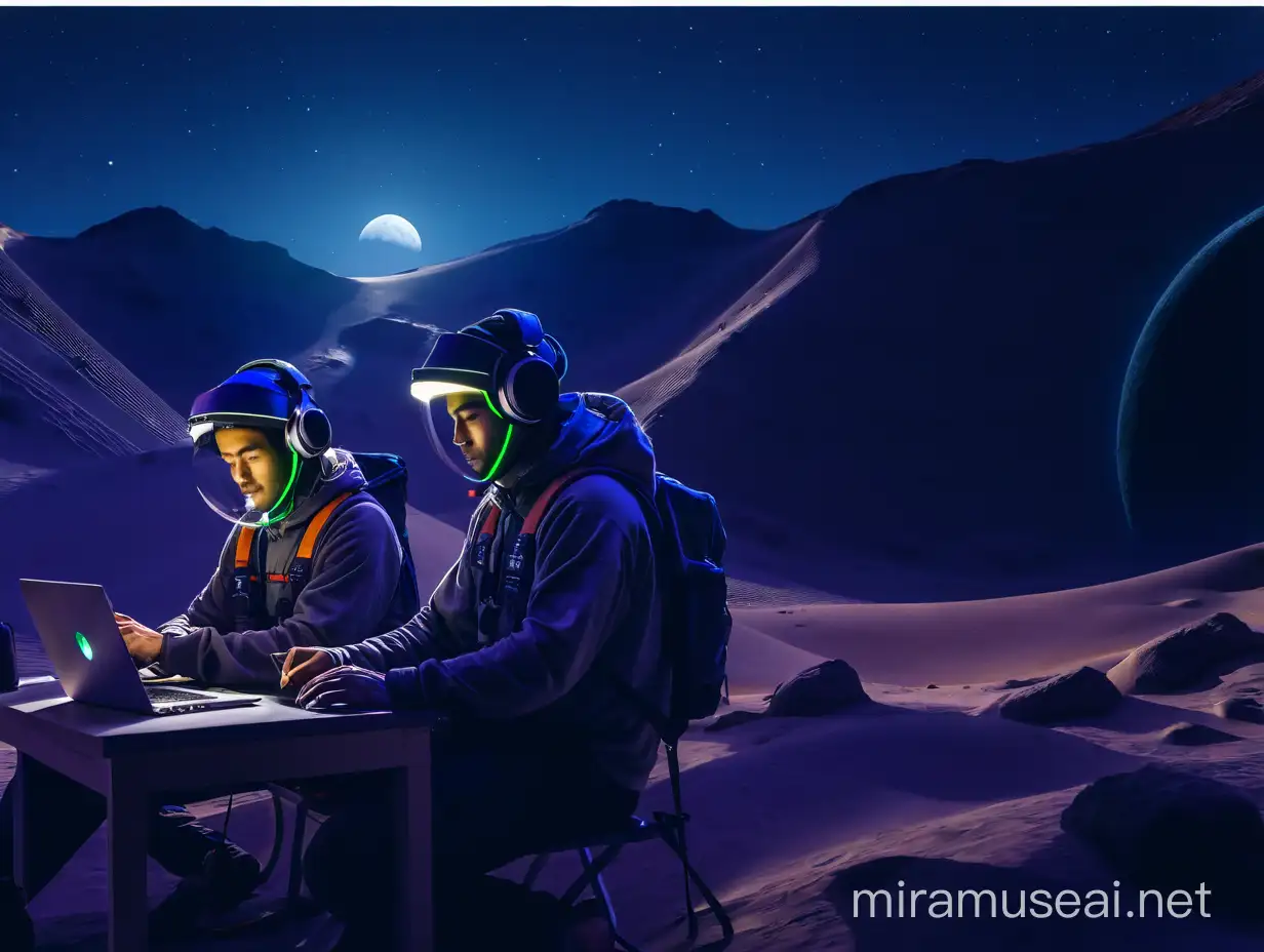 two techies working on their laptops in the space out in the moon