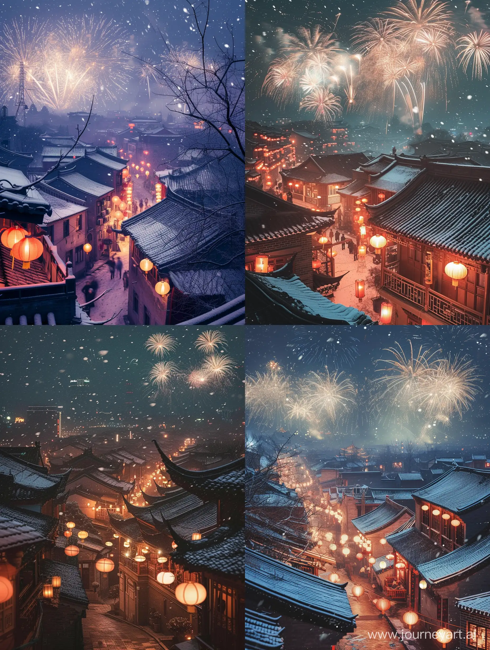 Chinese New Year, at night, streets adorned with lanterns, rooftops dusted with a bit of snow, fireworks lighting up the sky, creating a festive atmosphere; depth of field effect, capturing the real world, a masterpiece of photography."