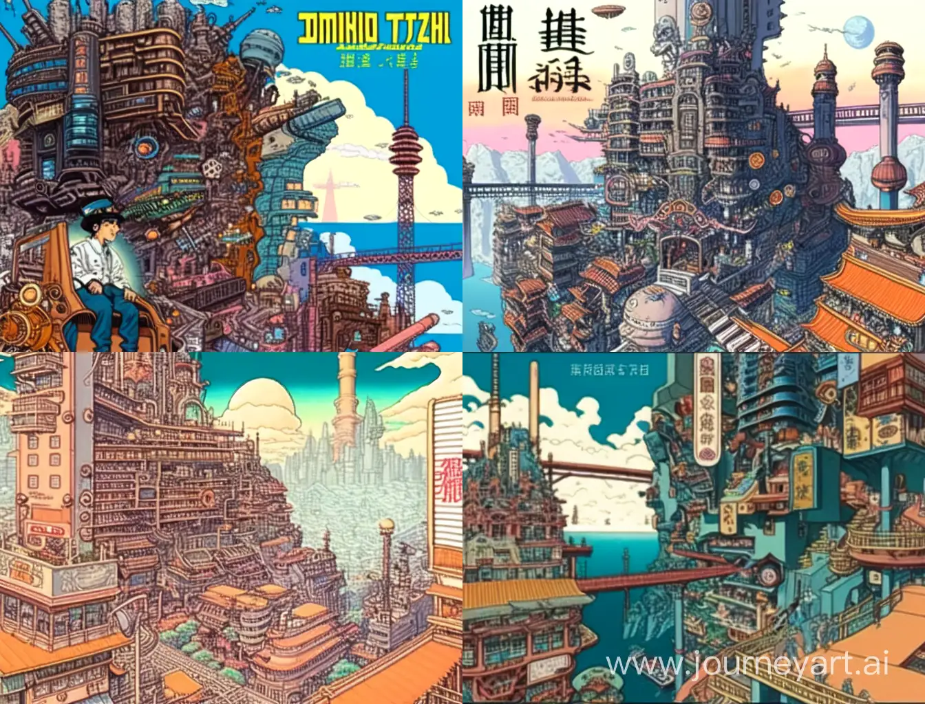 japanese anime poster of a retro, dynamic energy and rich detail, in a style of marries manga with steampunk aesthetic, detailed line art and a muted color scheme dominated by shades of blue and brown. A huge city stands in the sky in the 22nd century. In the forgotten corner, on the lower level of the giant structure, are messy and vibrant neighborhoods, dividing the boundaries between rich and poor.In a multi-layered city, there is a red-haired female samurai. Her tenacious will is in line with the legendary Japanese samurai spirit. Living with machinery and desolation, quiet ponds and broken concrete are her refuges. As night falls, an old Japanese sword protects the ultimate peace in this new world where chaos and order intersect.