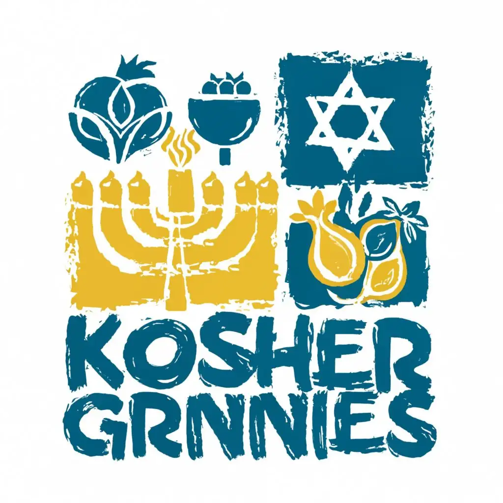 logo, Israel, yellow, blue, white, green, Menorah, Paul Klee, pomegranate, kotel, with the text "Kosher Grannies", typography, be used in Automotive industry