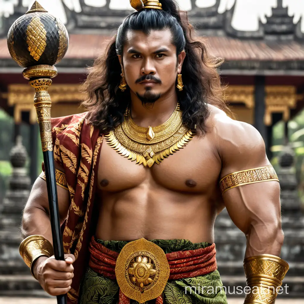 Indonesian Majapahit Dynasty Hero in Traditional Attire with Carved Mace